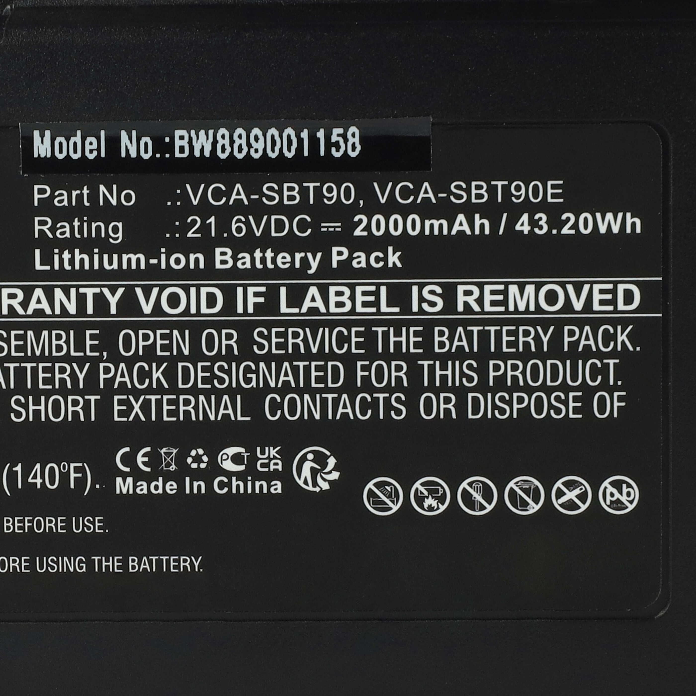 Batería reemplaza Samsung VCA-SBT90, DJ96-00221A para aspiradora Samsung - 2000 mAh 21,6 V Li-Ion negro
