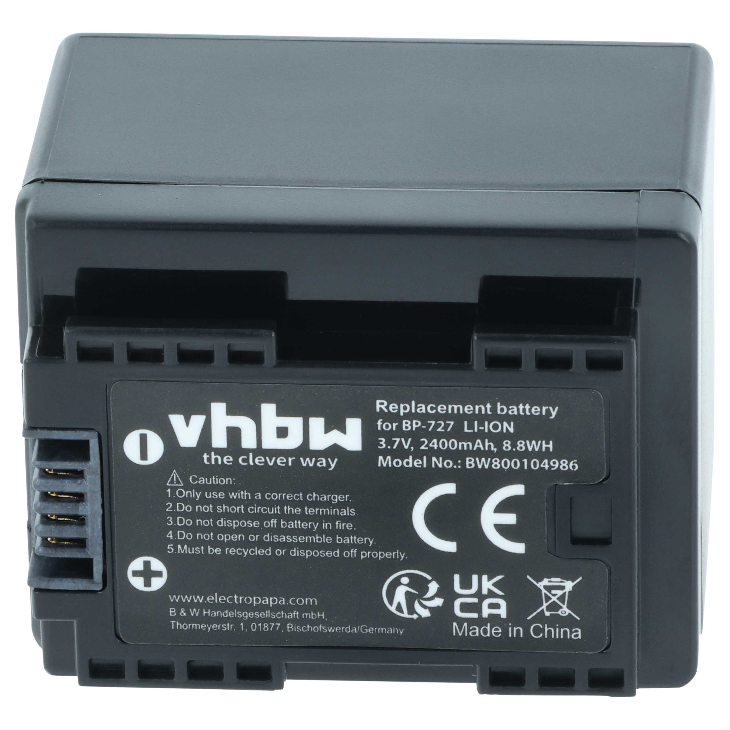 Batteria per videocamera sostituisce Canon BP-727 - 2400mAh 3,6V Li-Ion con infochip