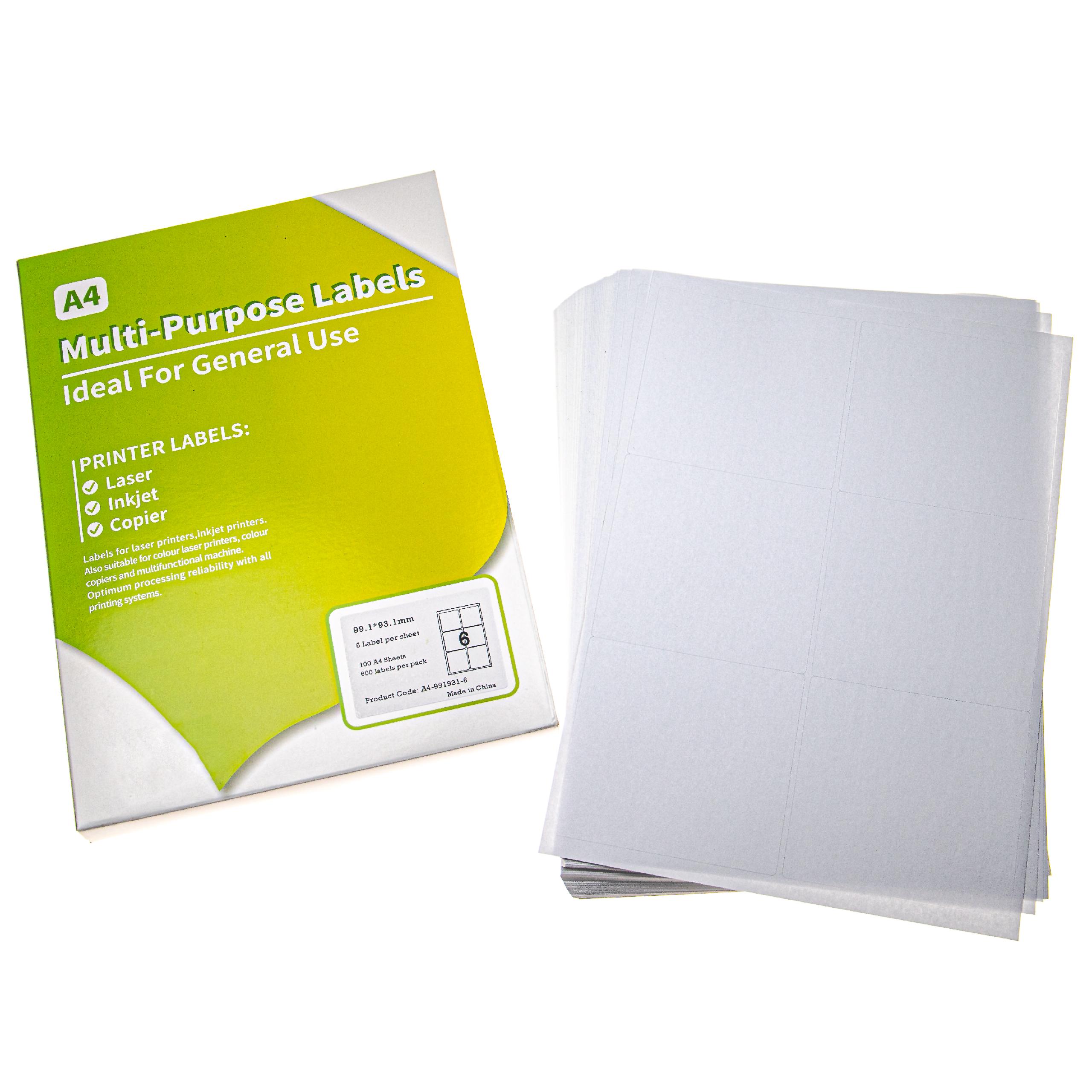 vhbw 100x Sheet with 6x Label per Side for Self-Printing with Inkjet Printers, Laser Printers - 99.1 x 93.1 mm