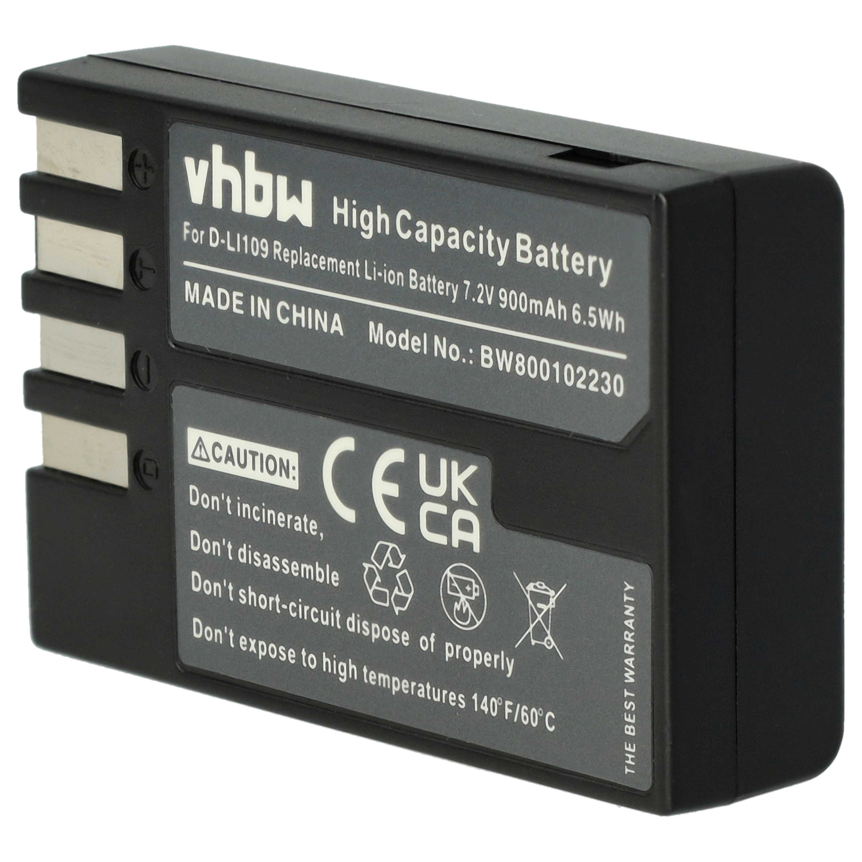 Batterie remplace Pentax D-Li109 pour appareil photo - 900mAh 7,2V Li-ion