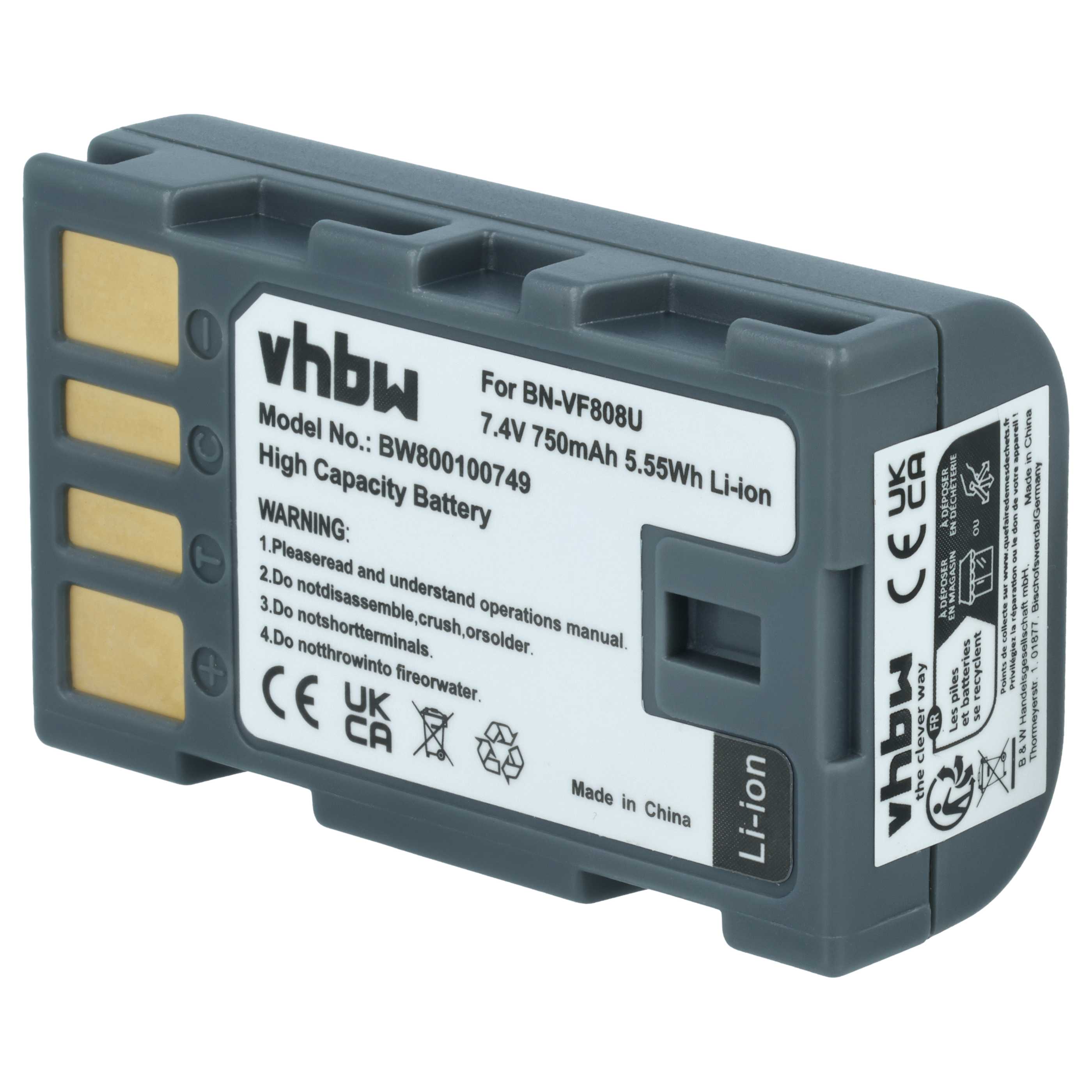 Videocamera Battery replaces JVC BN-VF823, BN-VF808, BN-VF815, BN-VF808U, BN-VF815U - 750 mAh 7.4 V Li-Ion