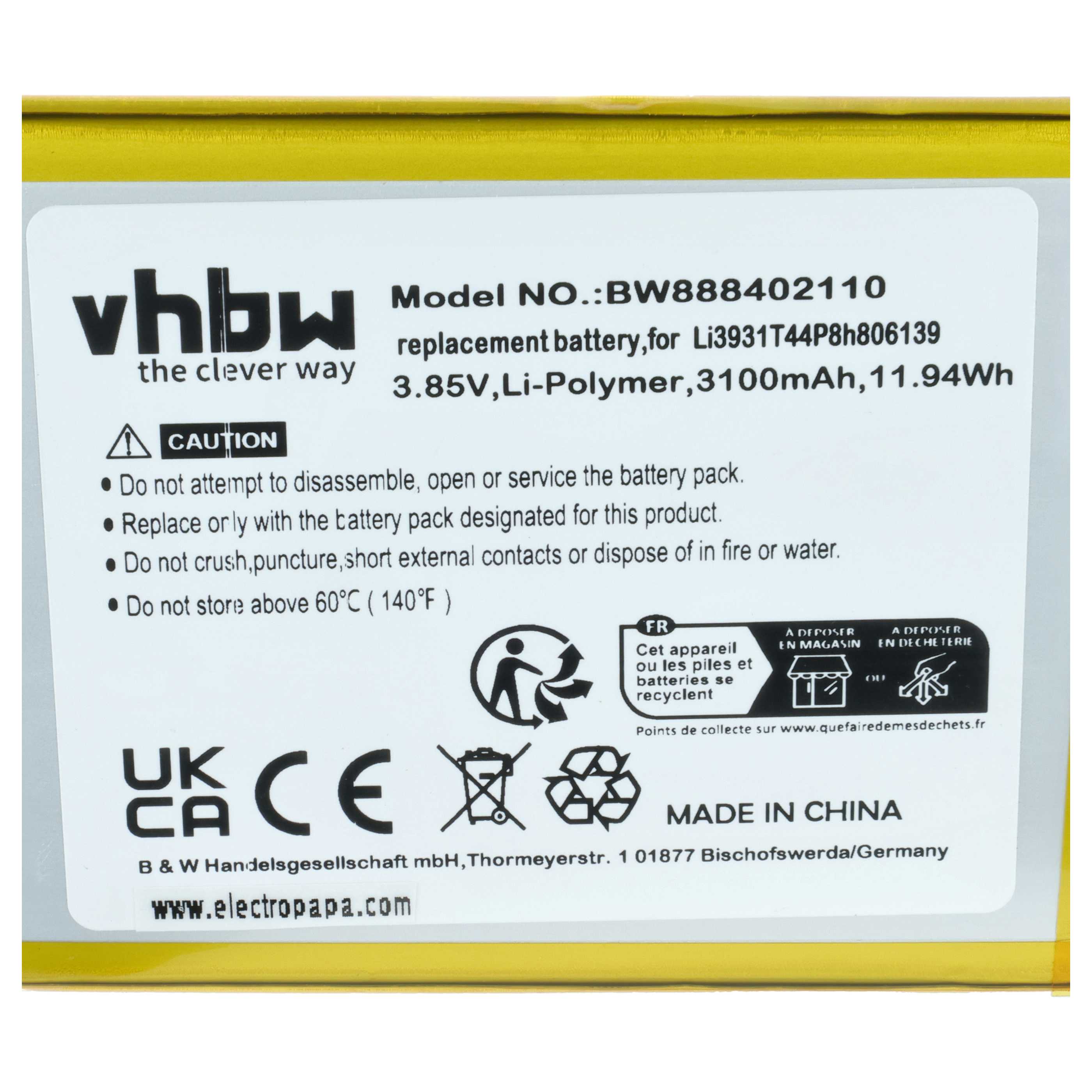 Akumulator do telefonu smartfona zamiennik ZTE Li3931T44P8h806139 - 3100 mAh 3,85 V LiPo