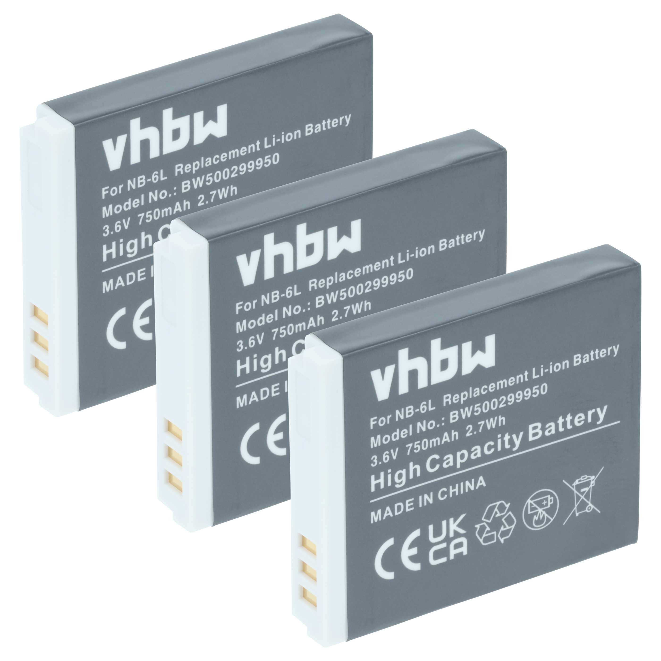3x Battery replaces Canon NB-6L - 750mAh, 3.6V, Li-Ion