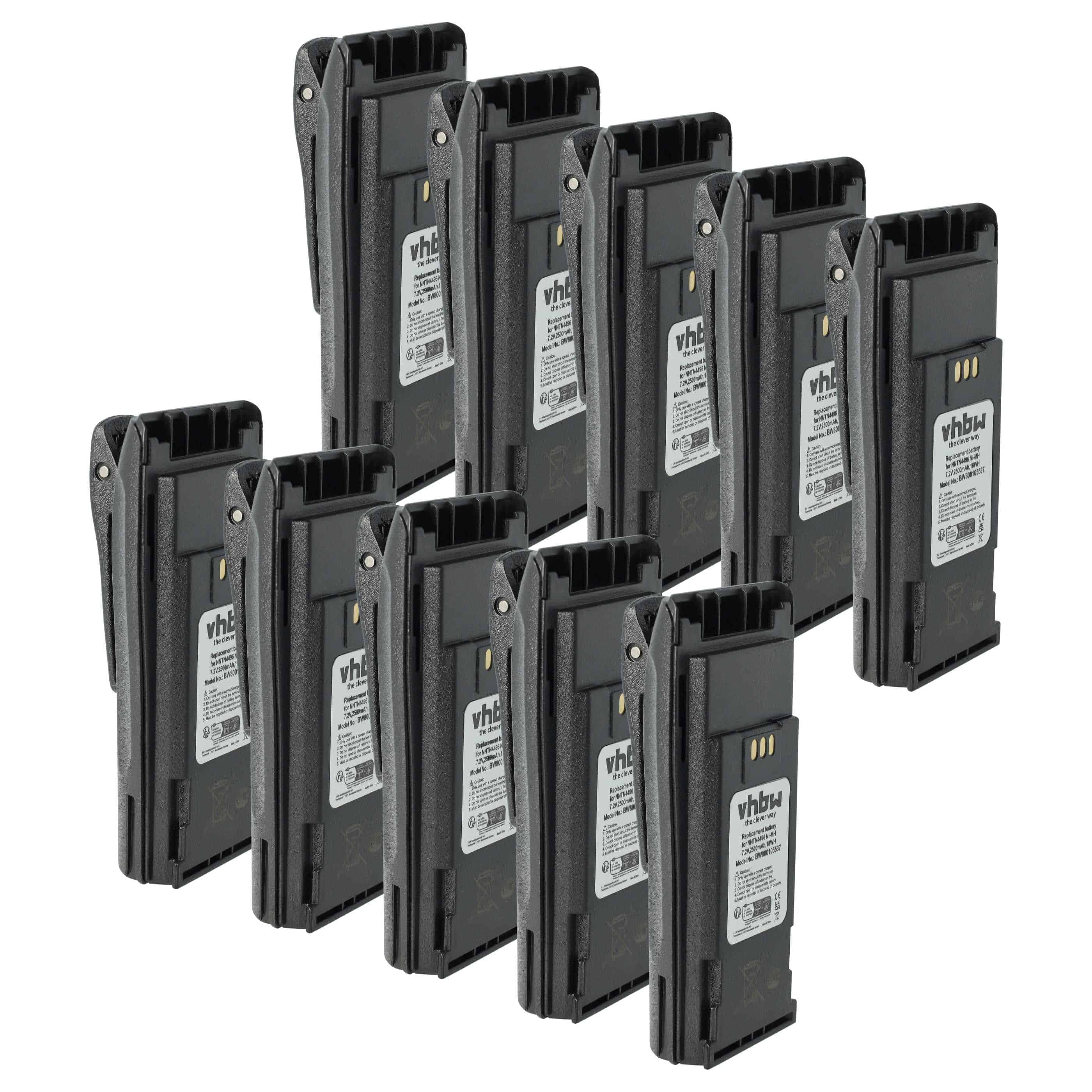 Radio 10x Battery replaces Motorola MNN4254AR, NNTN4496, NNTN4496AR - 2500 mAh 7.2 V NiMH + Belt Clip