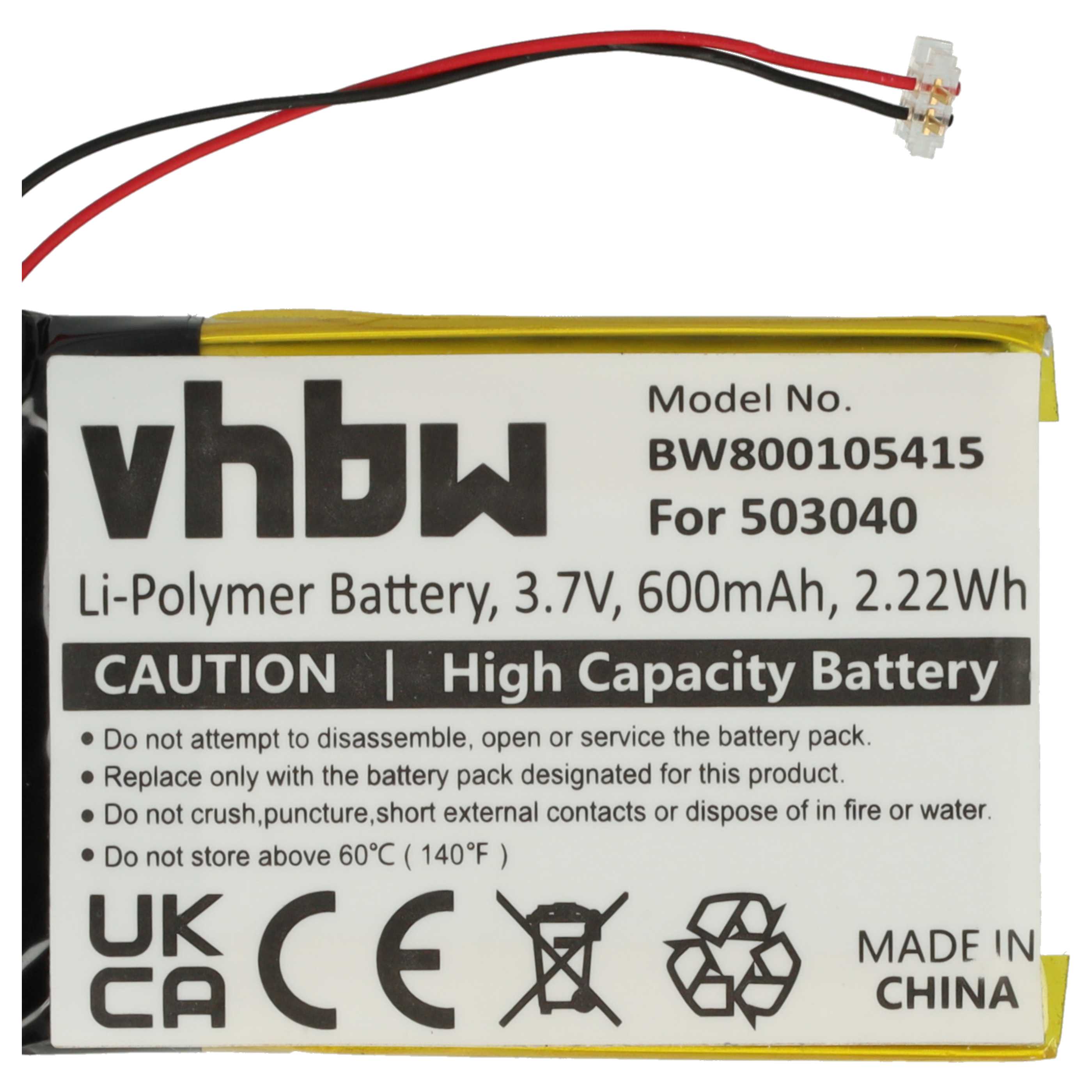 MP3-Player Battery replaces Samsung 503040 - 600 mAh 3.7 V Li-polymer