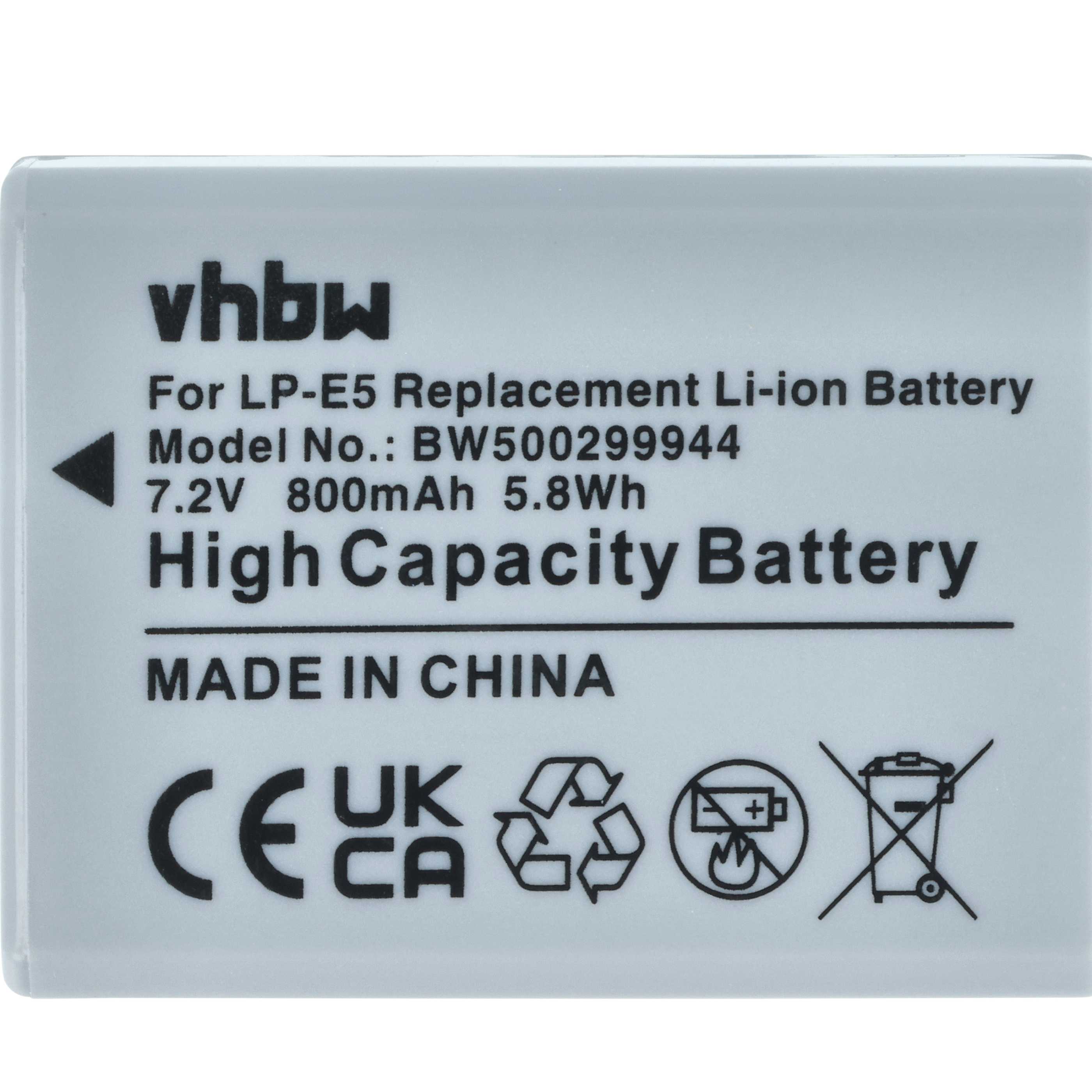 Batteria sostituisce Canon LP-E5, LC-E5 per fotocamera - 800mAh 7,2V Li-Ion