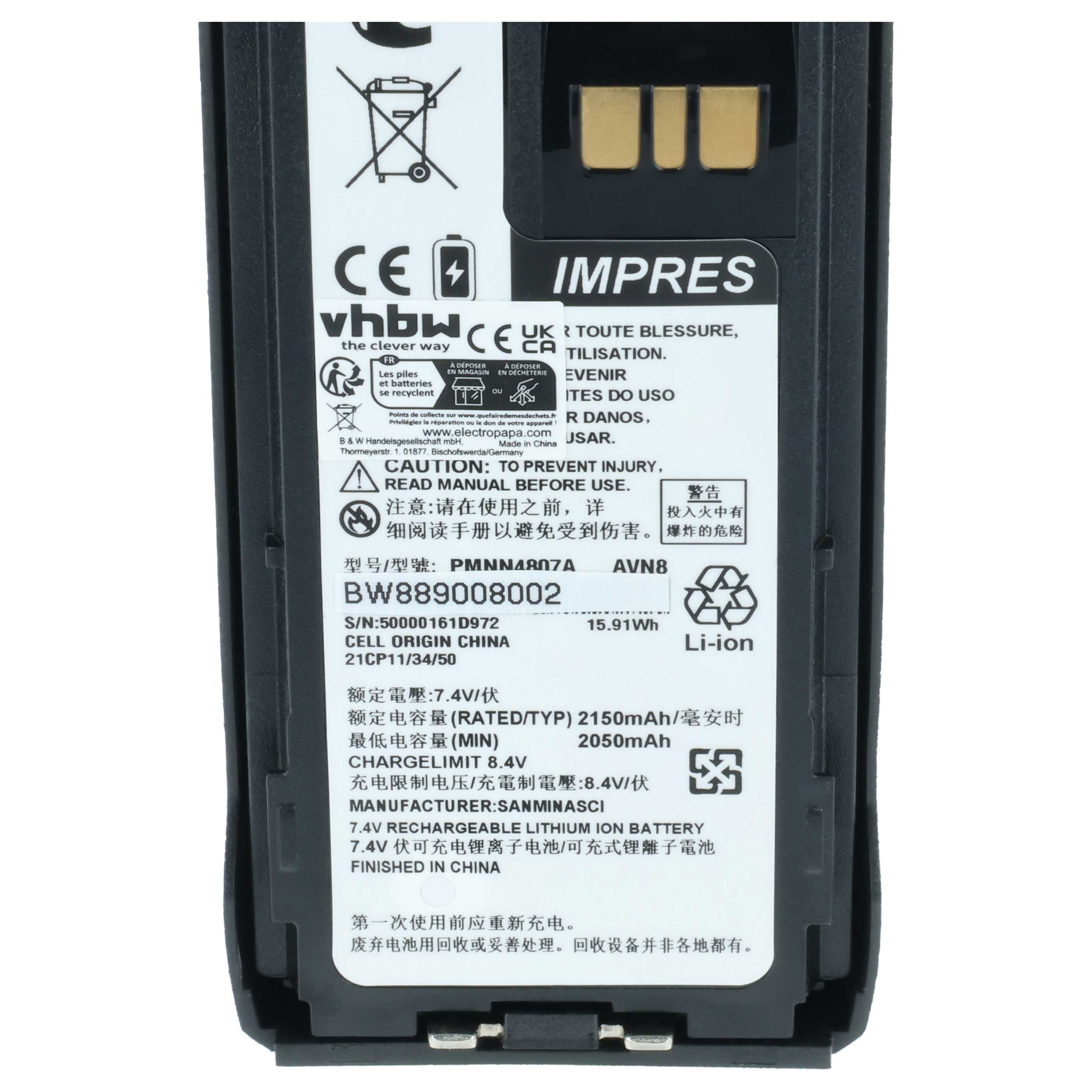 Radio 10x Battery replaces Motorola PMNN4807, PMNN4407A, PMNN4407 - 2150 mAh 8.4 V Li-Ion + Belt Clip