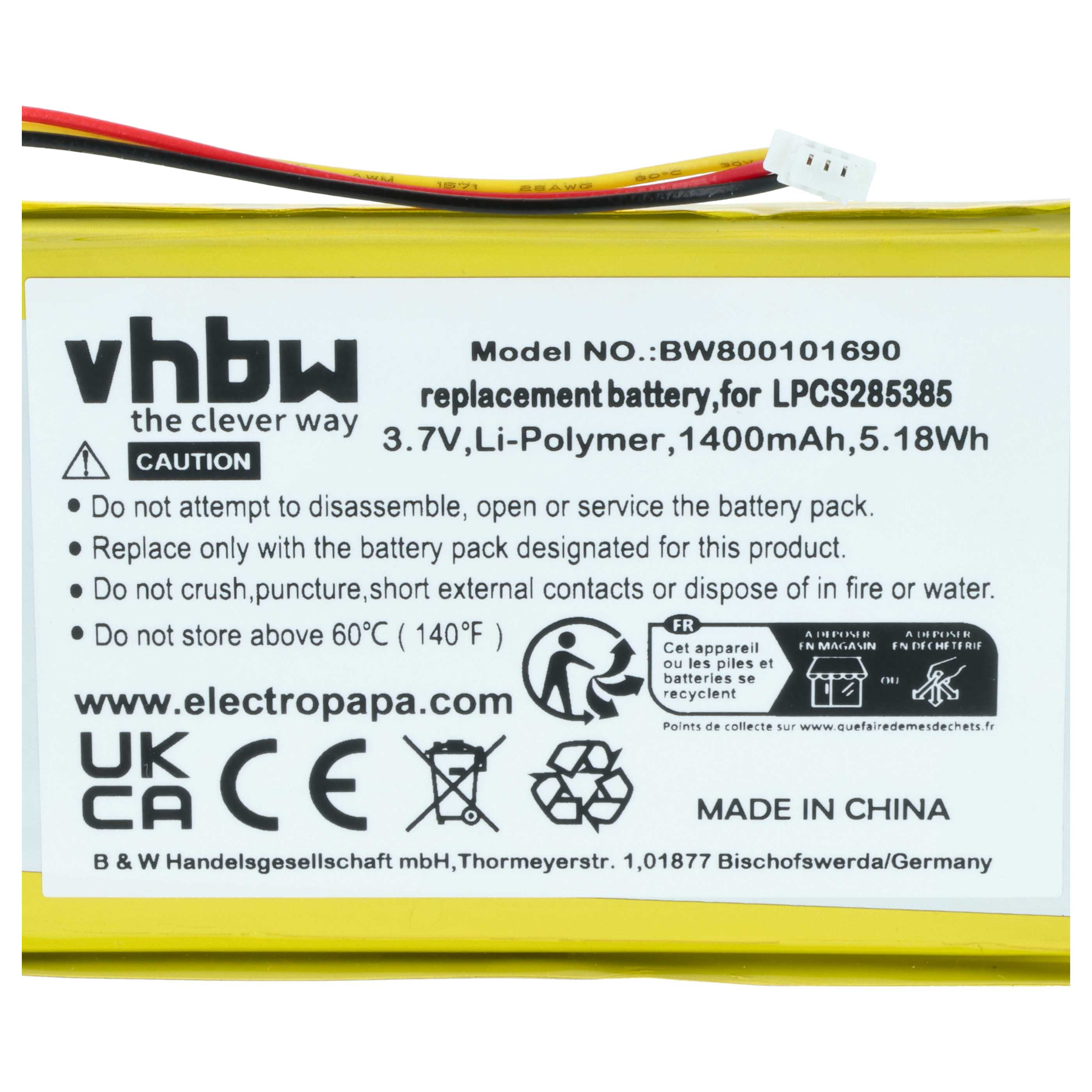 MP3-Player Battery replaces Creative Labs LPCS285385, BA20603R79914, DVP-HD0003 - 1400 mAh 3.7 V Li-Ion