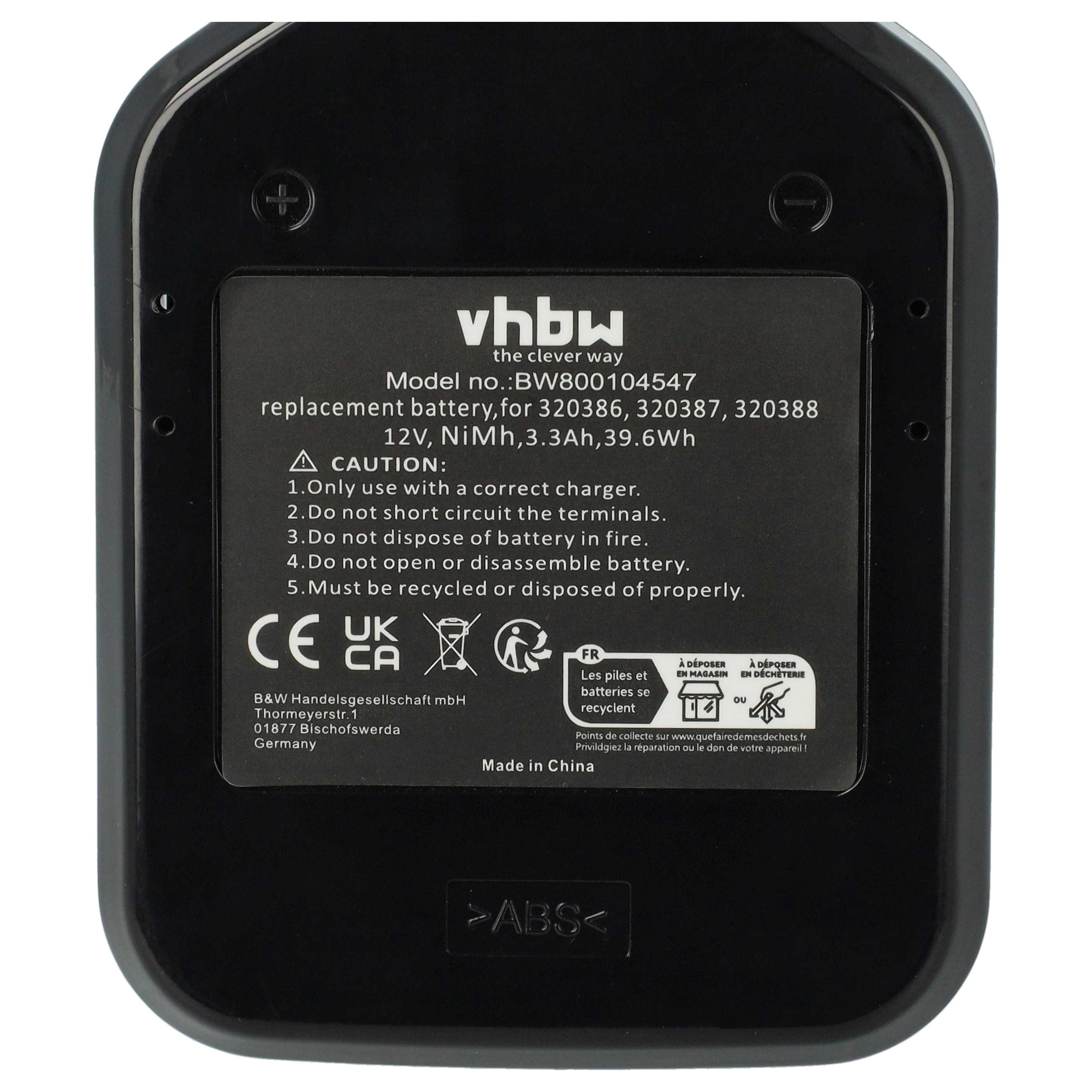 Battery replaces Hitachi 320608, 320606, 320388, 320387, 320386 Electric Power Tool - 3300 mAh, 12 V, NiMH