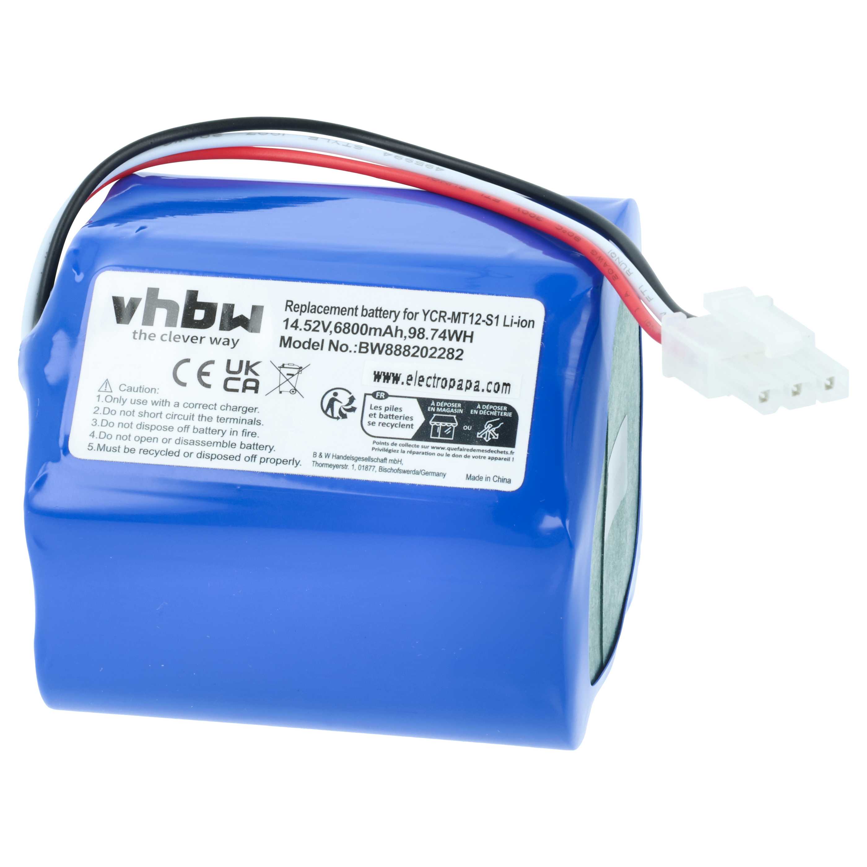 Battery replaces iClebo YCR-MT12-S1, YCR-M07-20W for iClebo etc. 6800mAh, 14.52V, Li-Ion