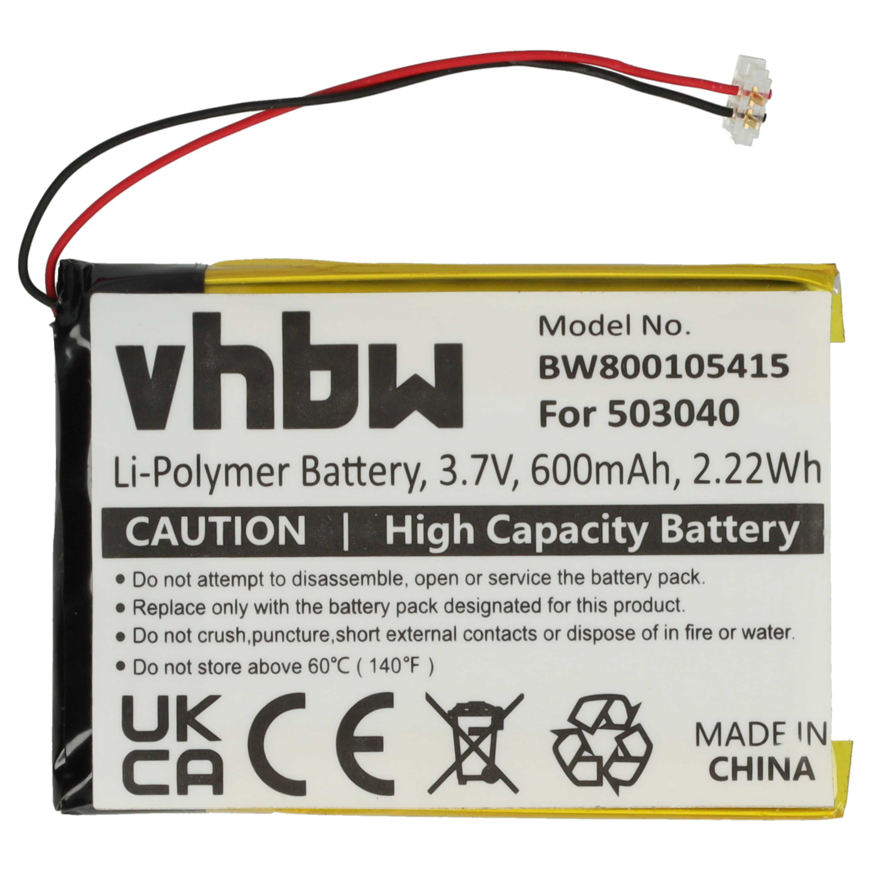 MP3-Player Battery replaces Samsung 503040 - 600 mAh 3.7 V Li-polymer