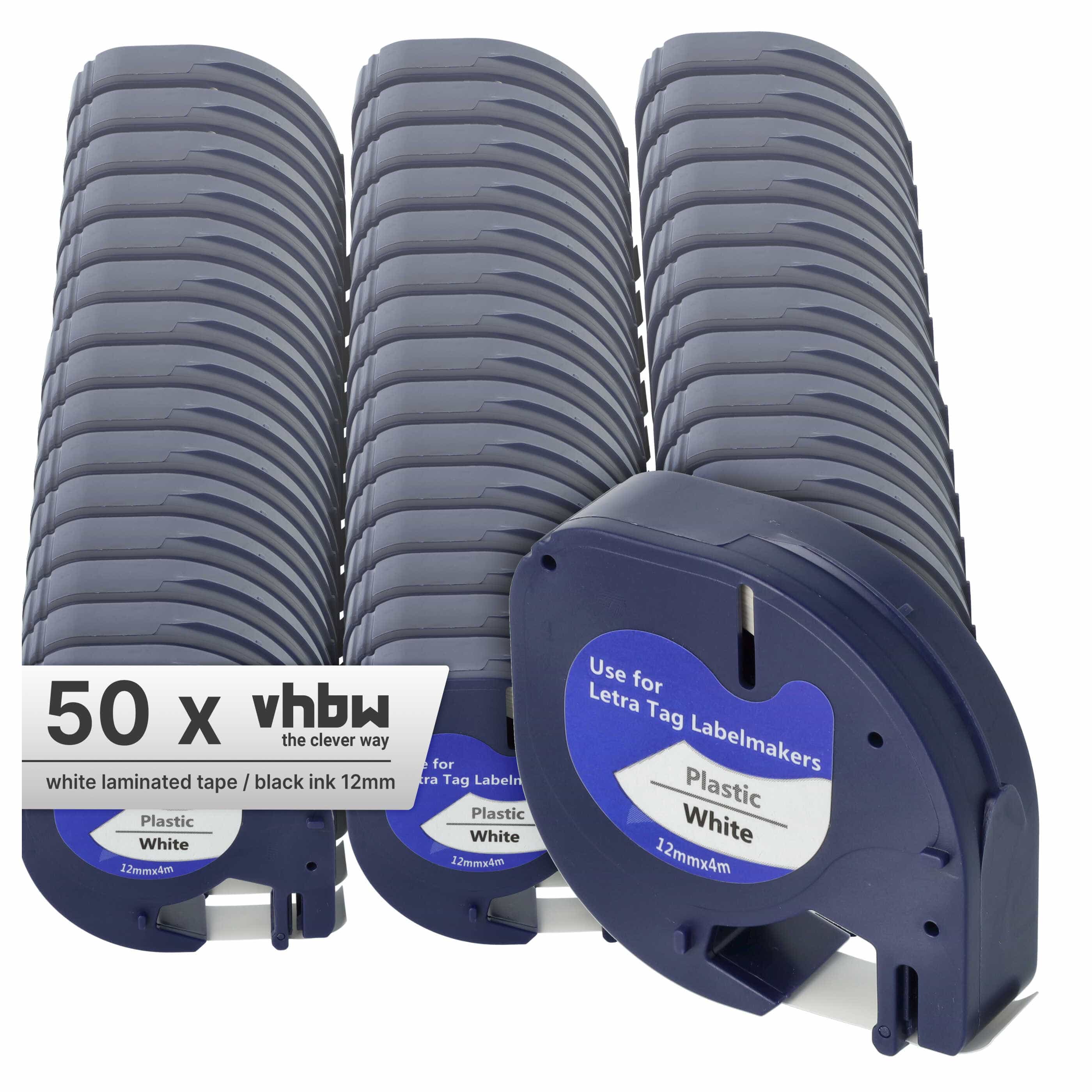 50x Label TapePlastic replaces Dymo S0721610, 91201 - 12 mm Black to White