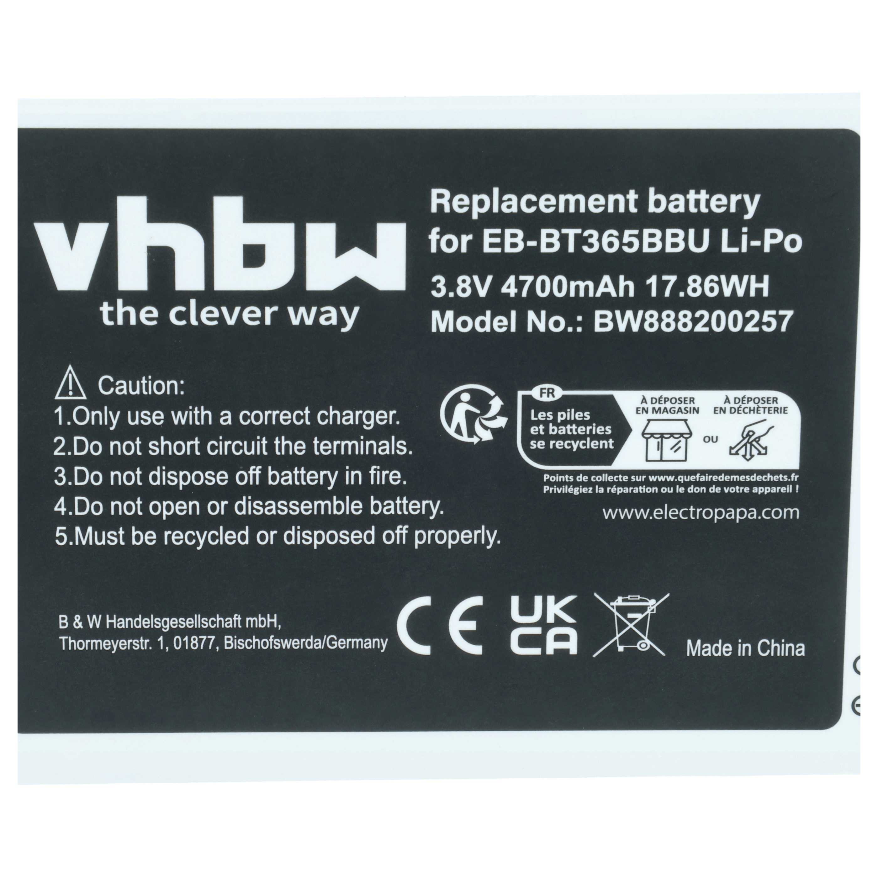 Akumulator zamiennik Samsung EB-BT365BBU, EB-BT365BBC, EB-BT365BBE, EB-BT365BBUBUS - 4700 mAh 3,8 V LiPo