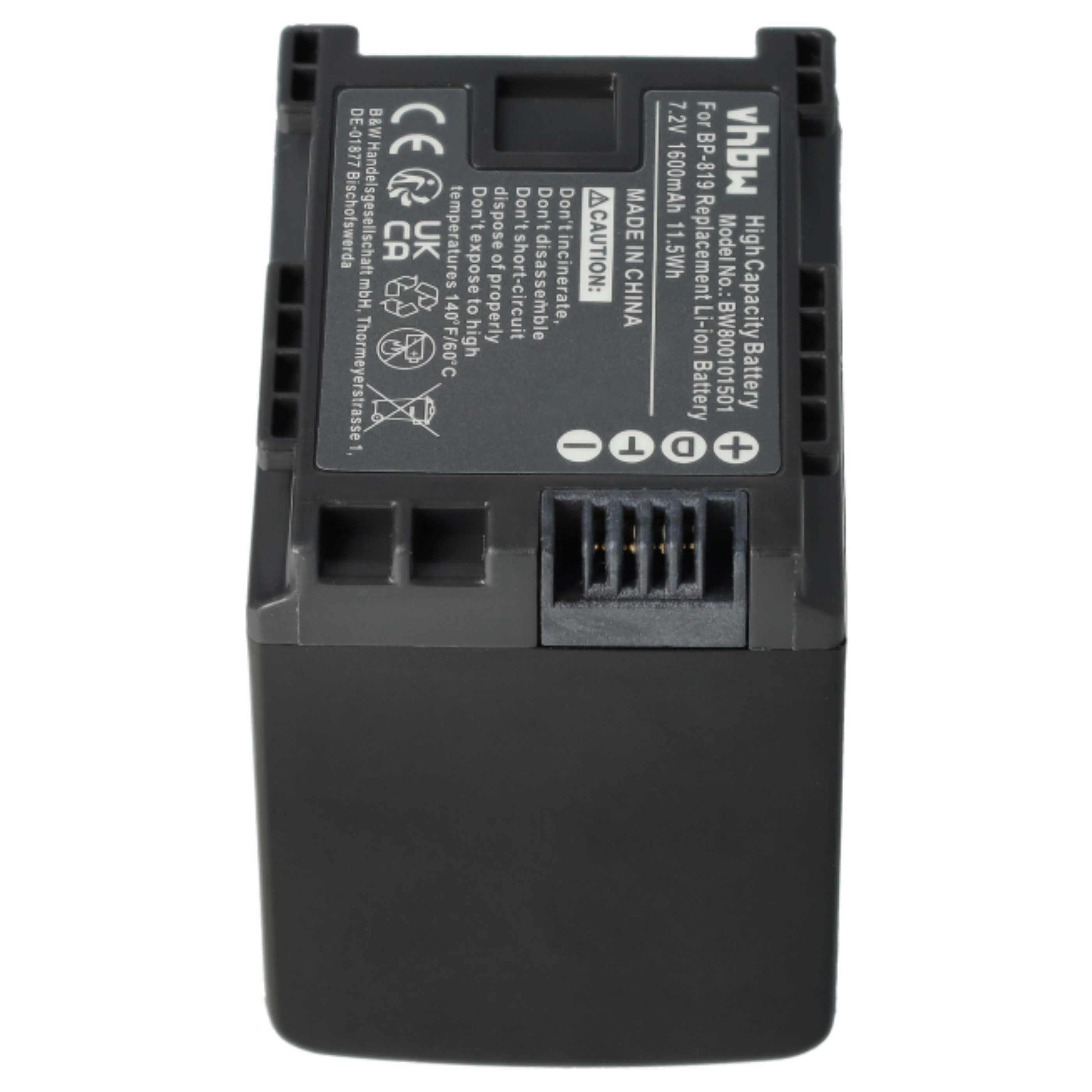 Videocamera 3x Battery replaces Canon 2740B002, BP-819 - 1600 mAh 7.2 V Li-Ion
