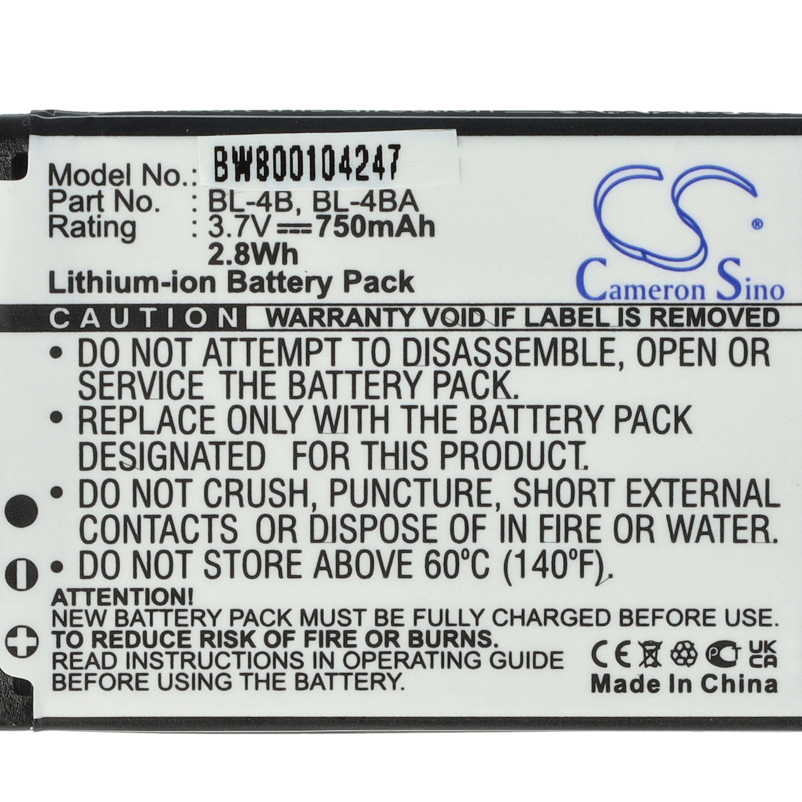 Mobile Phone Battery Replacement for Nokia BL-4BA, BL-4B - 800mAh 3.7V Li-Ion