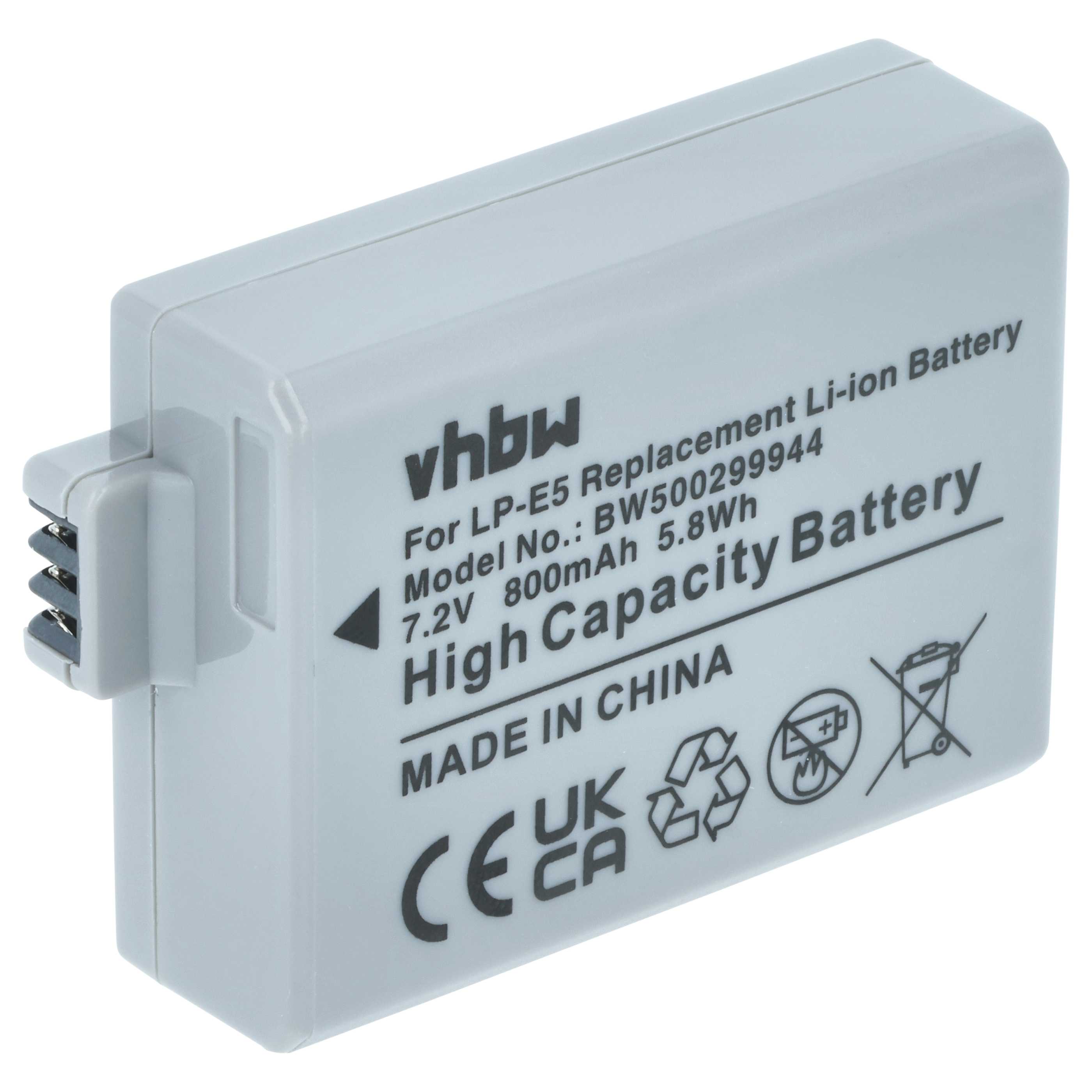 Batteria sostituisce Canon LP-E5, LC-E5 per fotocamera - 800mAh 7,2V Li-Ion