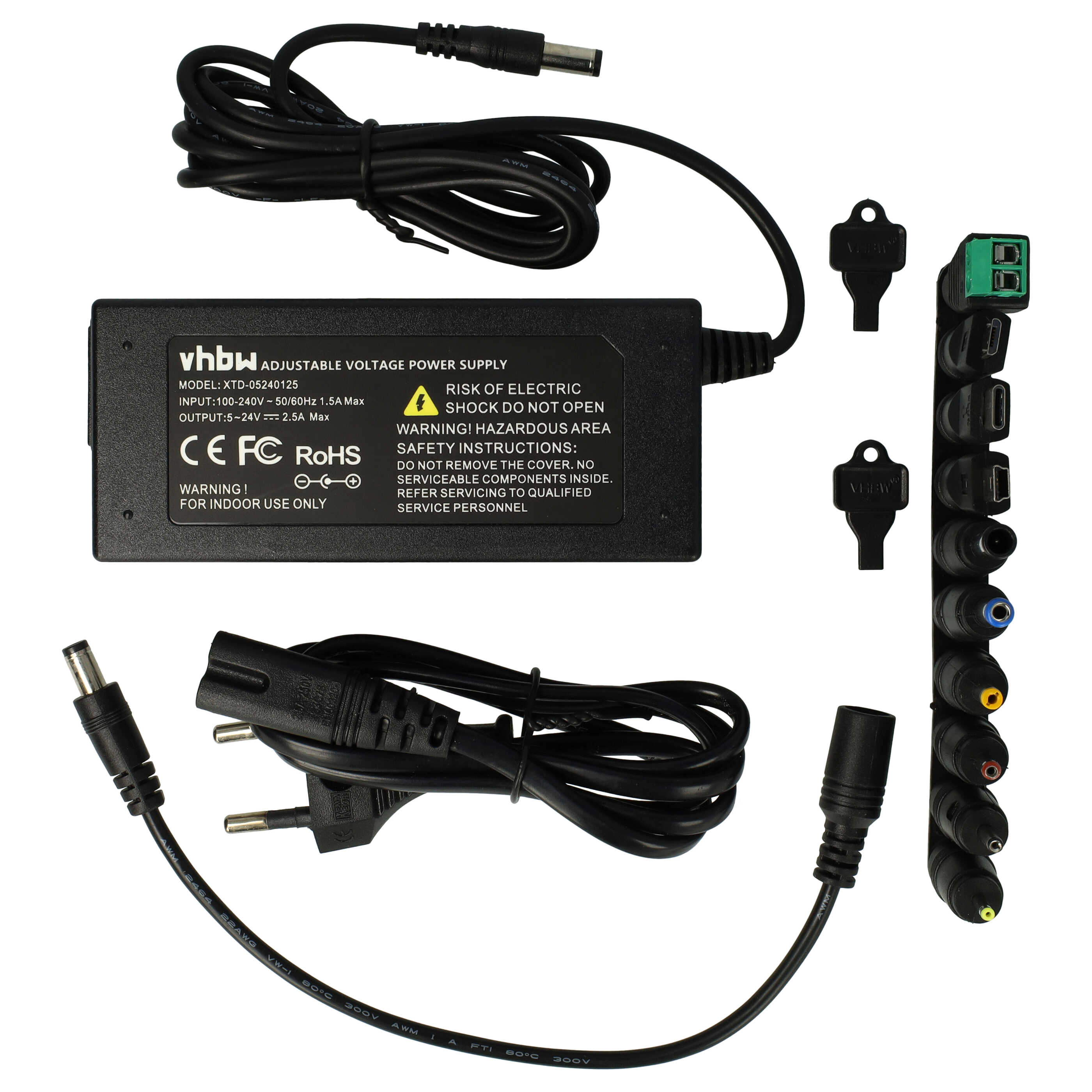 Mains Power Adapter with 10 Plugs suitable for various Electric Devices - 200 cm 5-24 V, 0.1-2.5 A