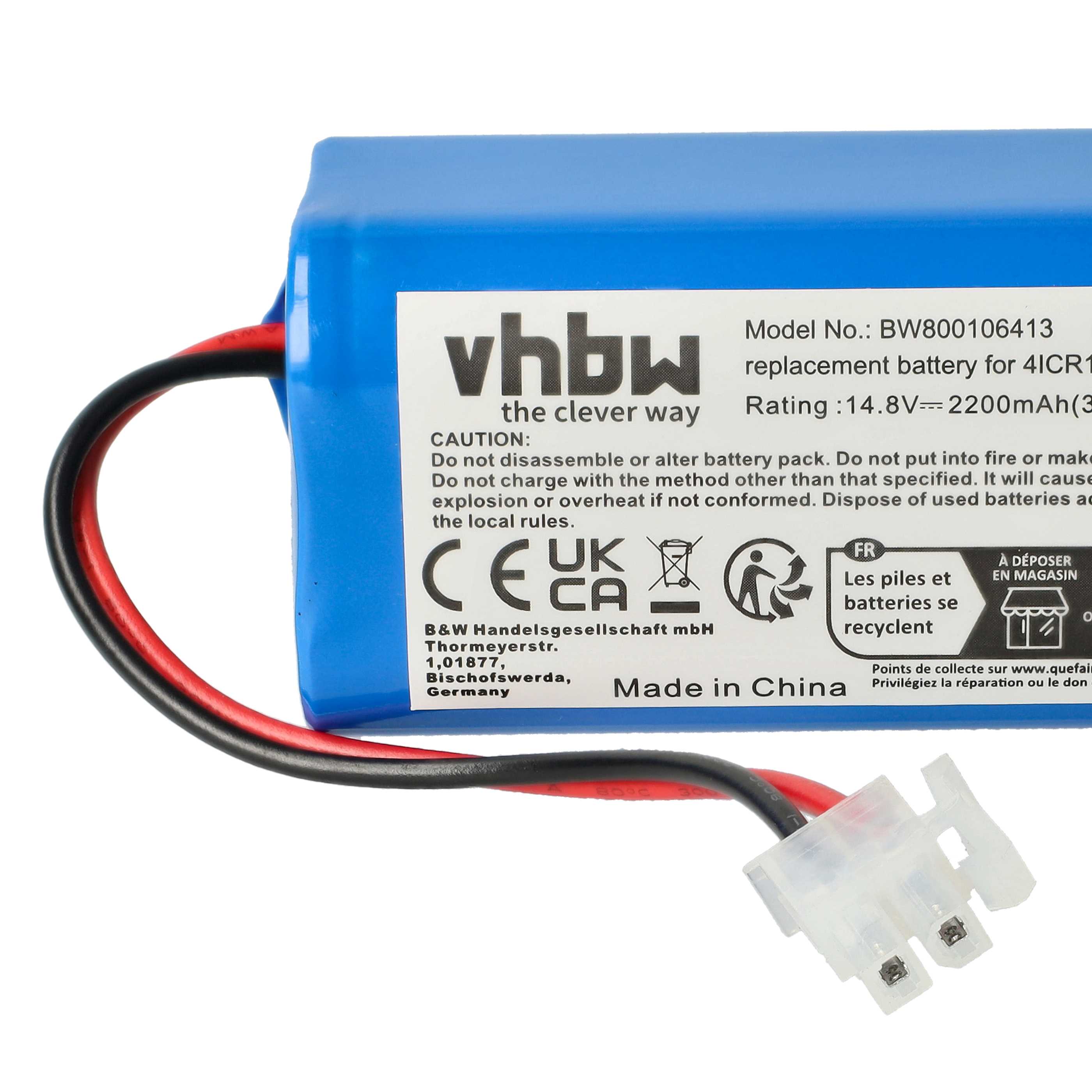 Batterie remplace Ecovacs 4ICR19/65, INR18650-M26-4S1P, BL7402A pour robot aspirateur - 2200mAh 14,8V Li-ion