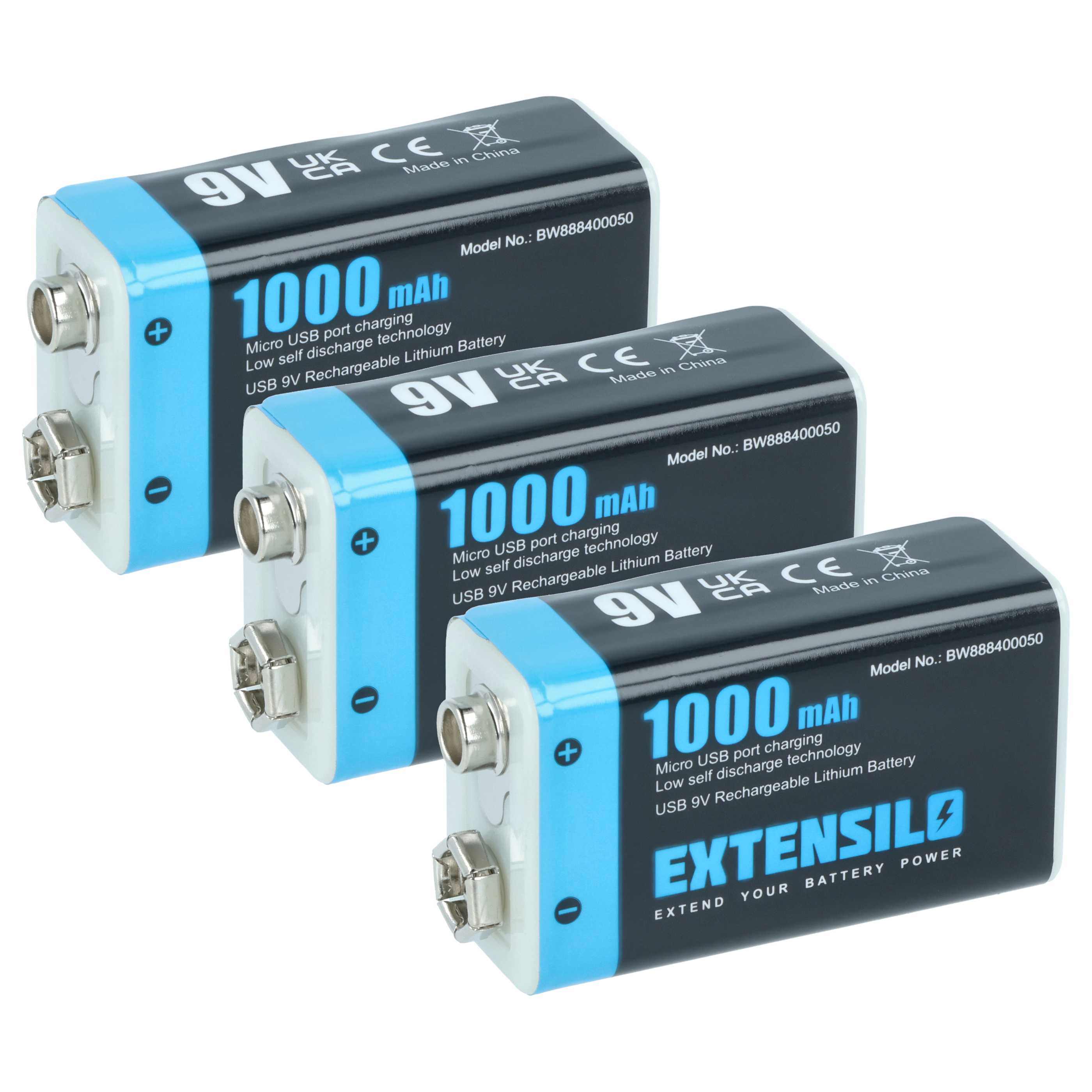 3x Piles bloc 9V remplace Daitem BATV13 pour alarmes et divers appareils - 1Ah 9V Li-ion + port micro-USB