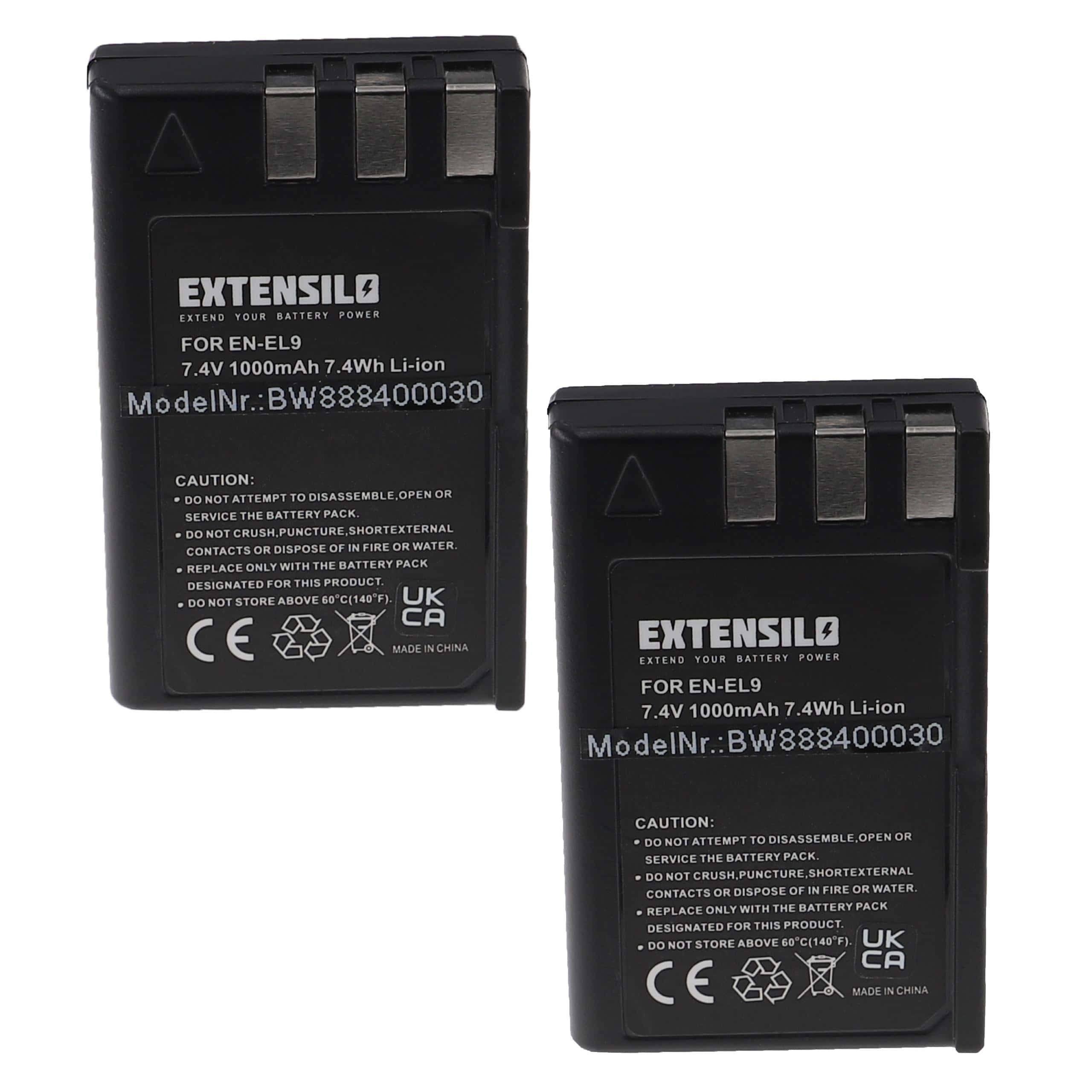 Battery (2 Units) Replacement for Nikon EN-EL9E, EN-EL9 - 1000mAh, 7.4V, Li-Ion