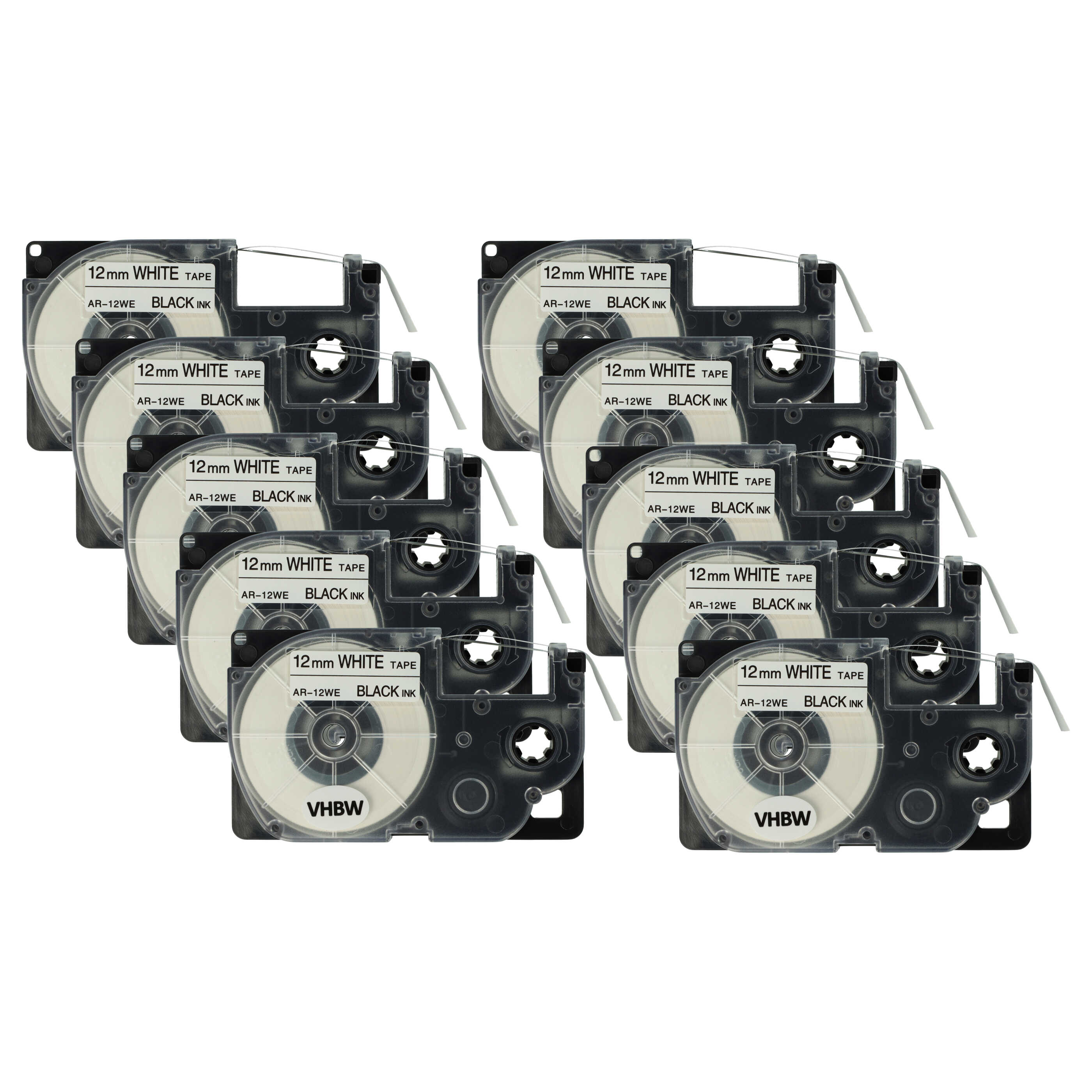 10x Label Tape as Replacement for Casio XR-12WE, XR-12WE1 - 12 mm Black to White