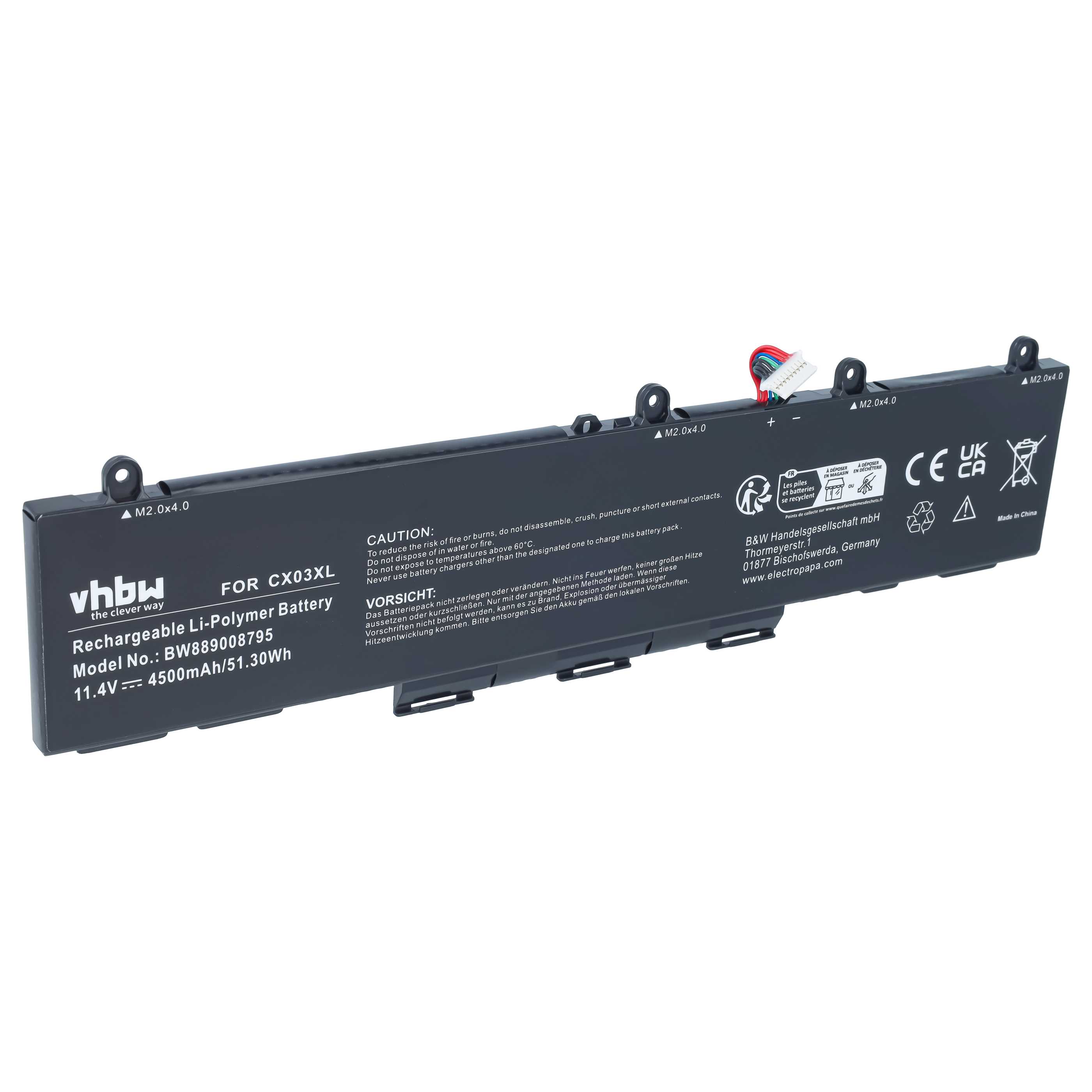 Notebook Battery replaces HP CX03053XL, CX03XL, L77624-421, HSTNN-LB8R - 4500 mAh 11.4 V Li-polymer