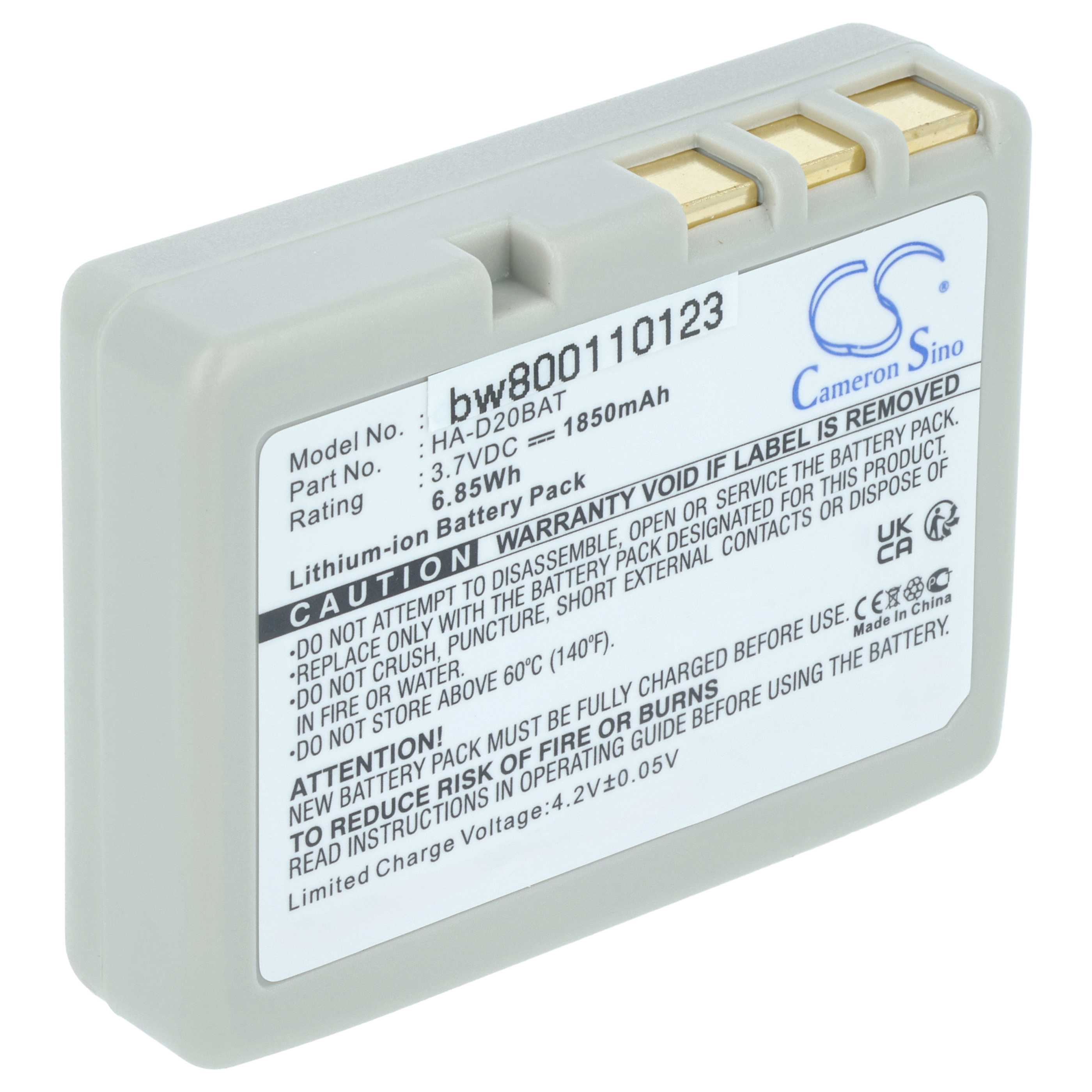 Batería reemplaza Casio HA-020LBAT, CA60L4-G, CA60L1-G para escáner código de barras (1850 mAh, 3,7 V, Li-Ion)