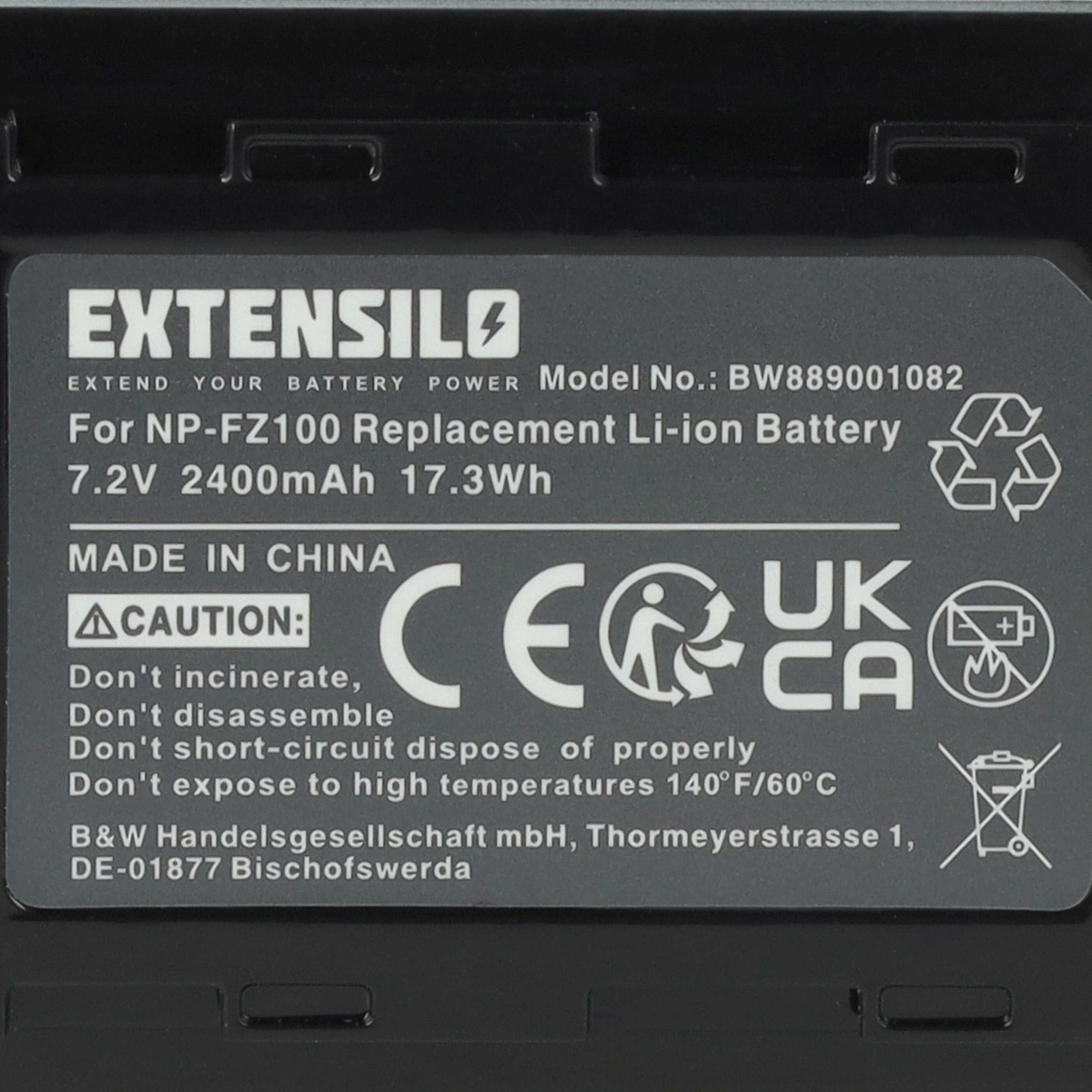 Battery replaces Sony NP-FZ100 - 2400mAh, 7.2V, Li-Ion