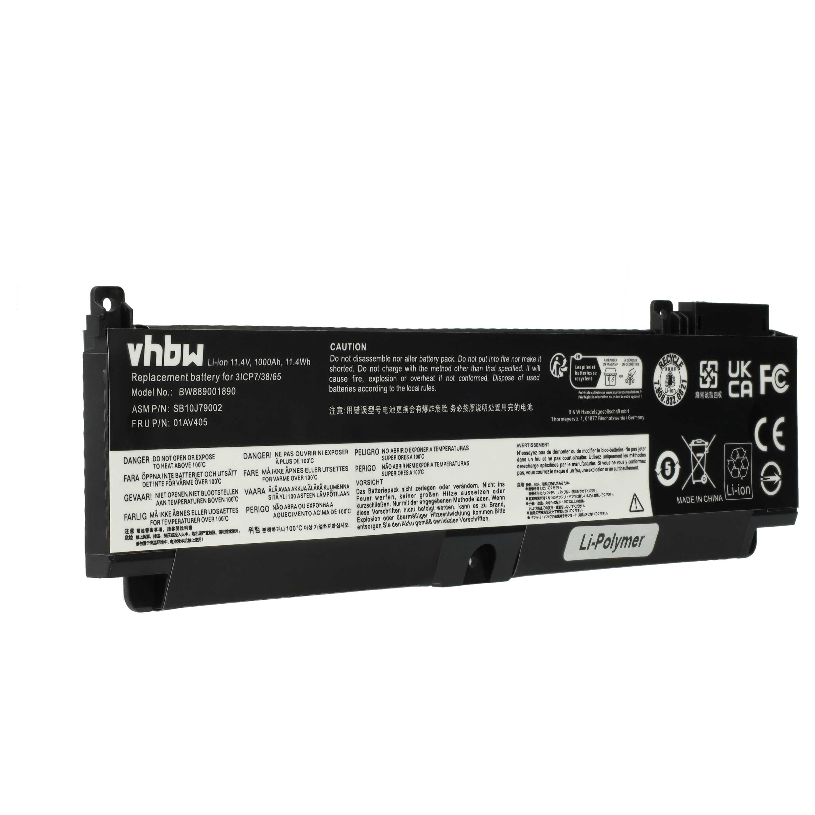 Batterie remplace Lenovo 01AV406, 01AV405, 01AV407 pour ordinateur portable - 1000mAh 11,4V Li-polymère, noir