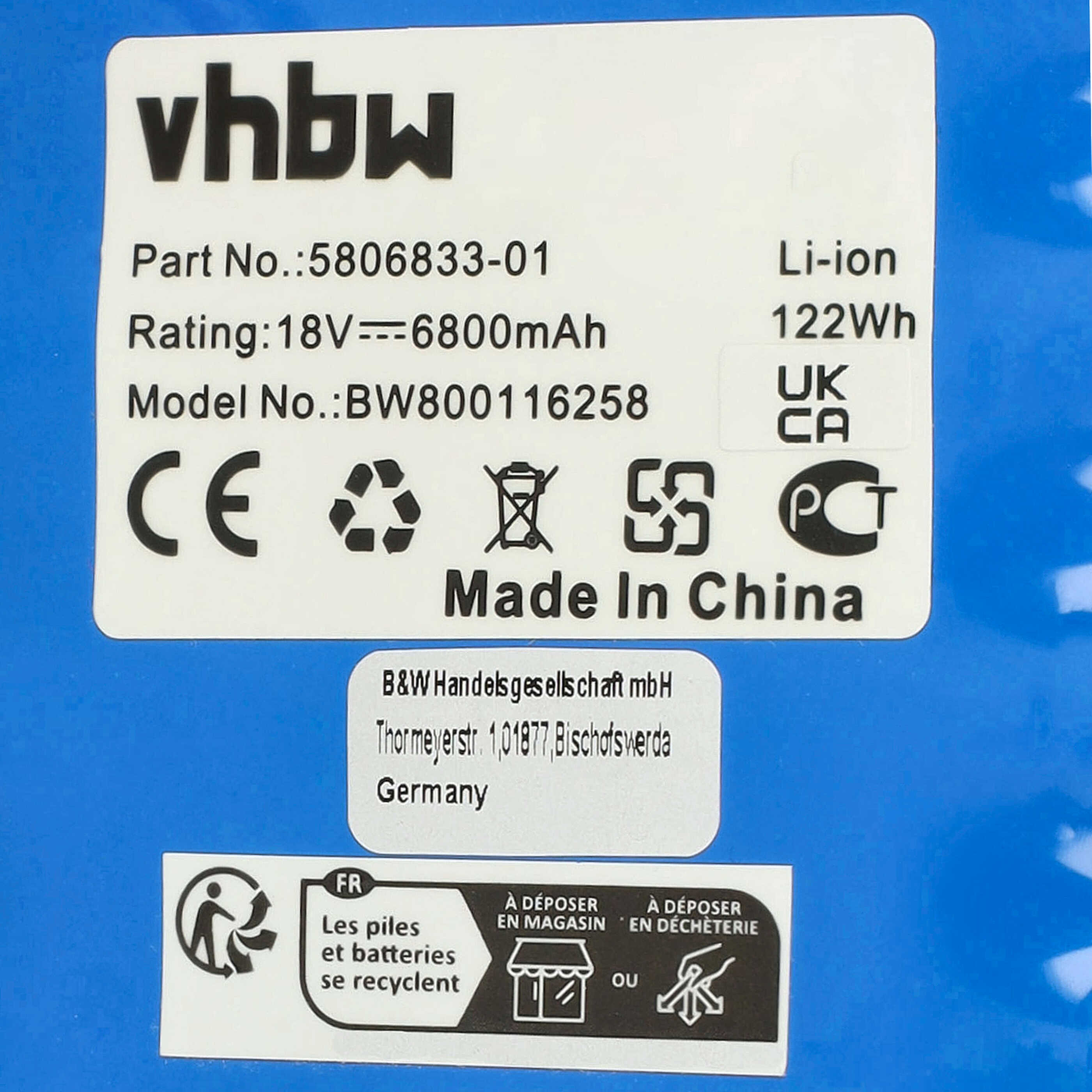 Battery pack sostituisce Husqvarna 580683301, 5806833-01 per dispositivo da giardinaggio - 6800mAh 18V Li-Ion