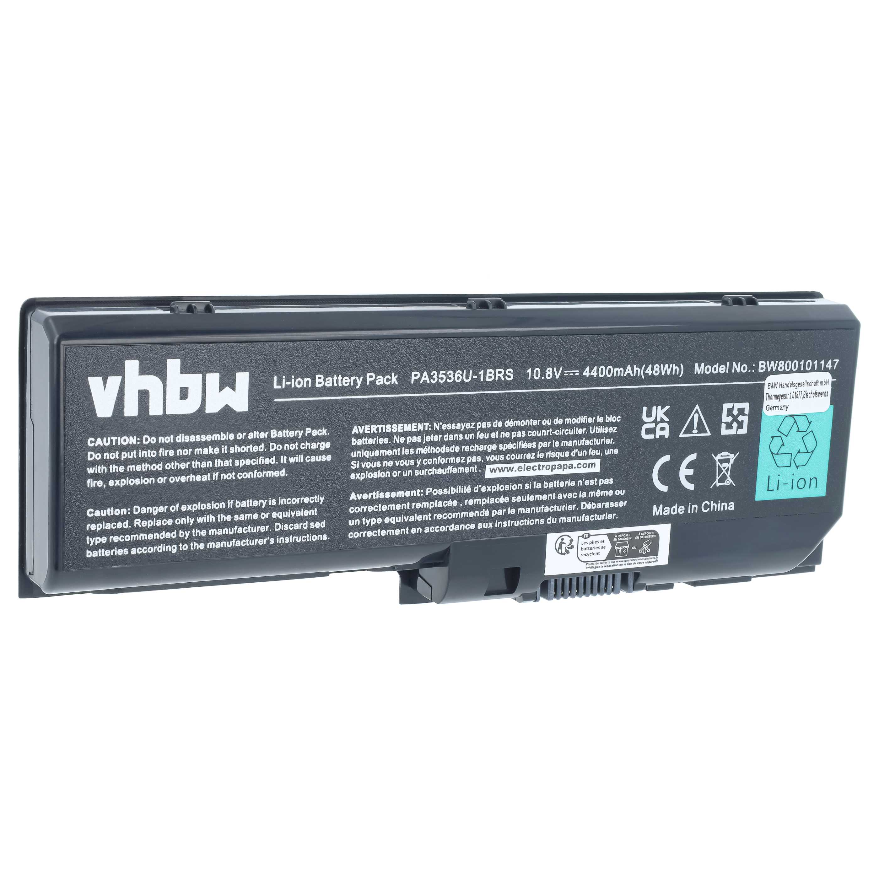 Notebook-Akku als Ersatz für Toshiba PA3536U-1BAS, PA3536U-1BRS für Toshiba - 4400mAh 11,1V Li-Ion, schwarz