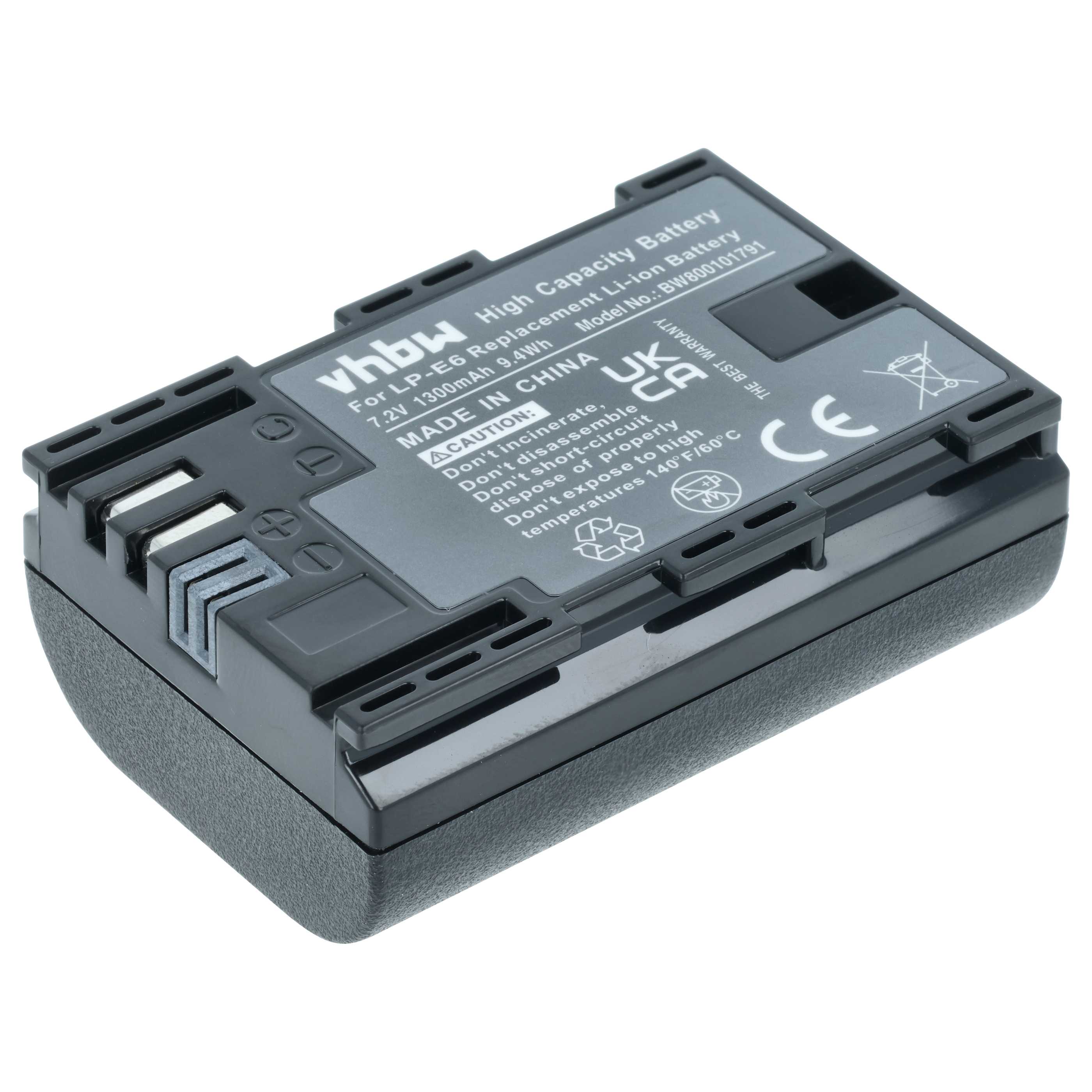 Batteria sostituisce Canon LP-E6 per fotocamera - 1300mAh 7,4V Li-Ion + chip
