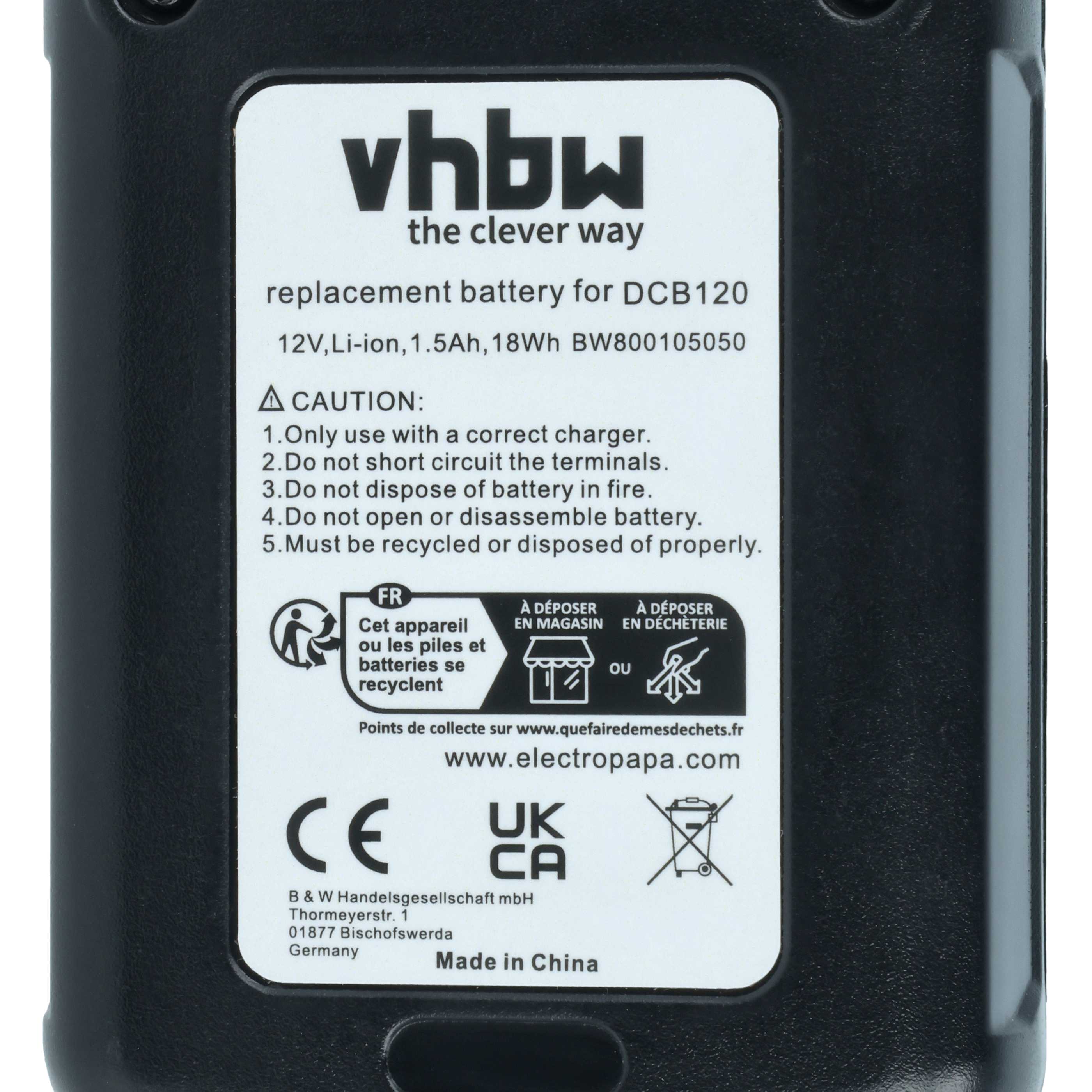 Akku 12V als Ersatz für Dewalt DCB127, DCB125, DCB123, DCB121, DCB120 - 1,5Ah, Li-Ion