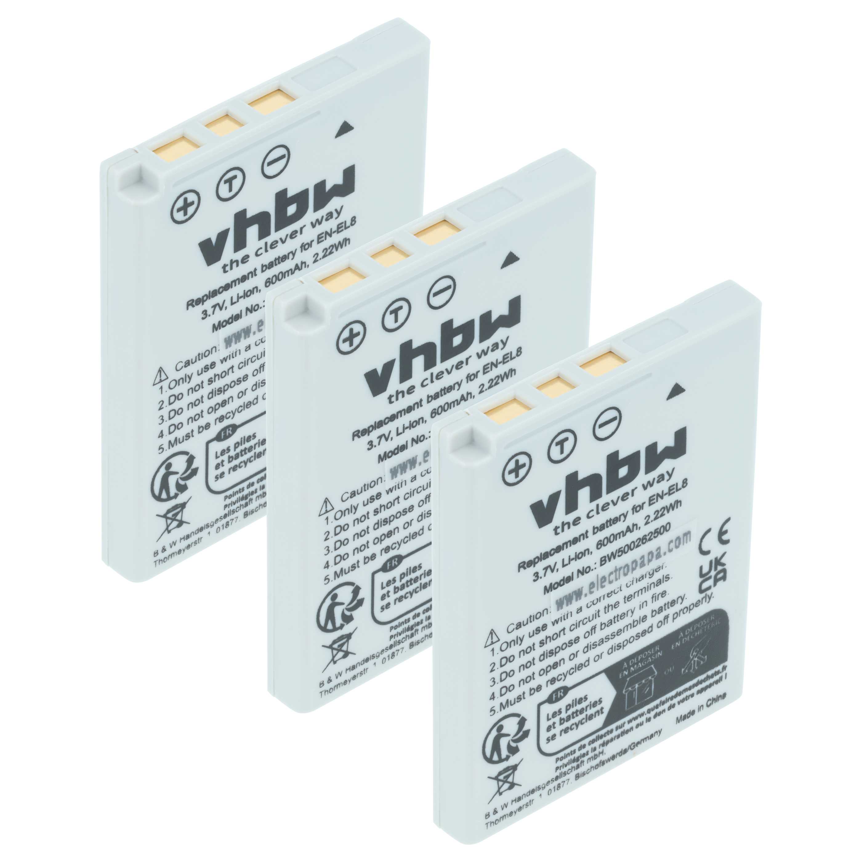 3x Battery replaces Nikon EN-EL8 - 600mAh, 3.6V, Li-Ion
