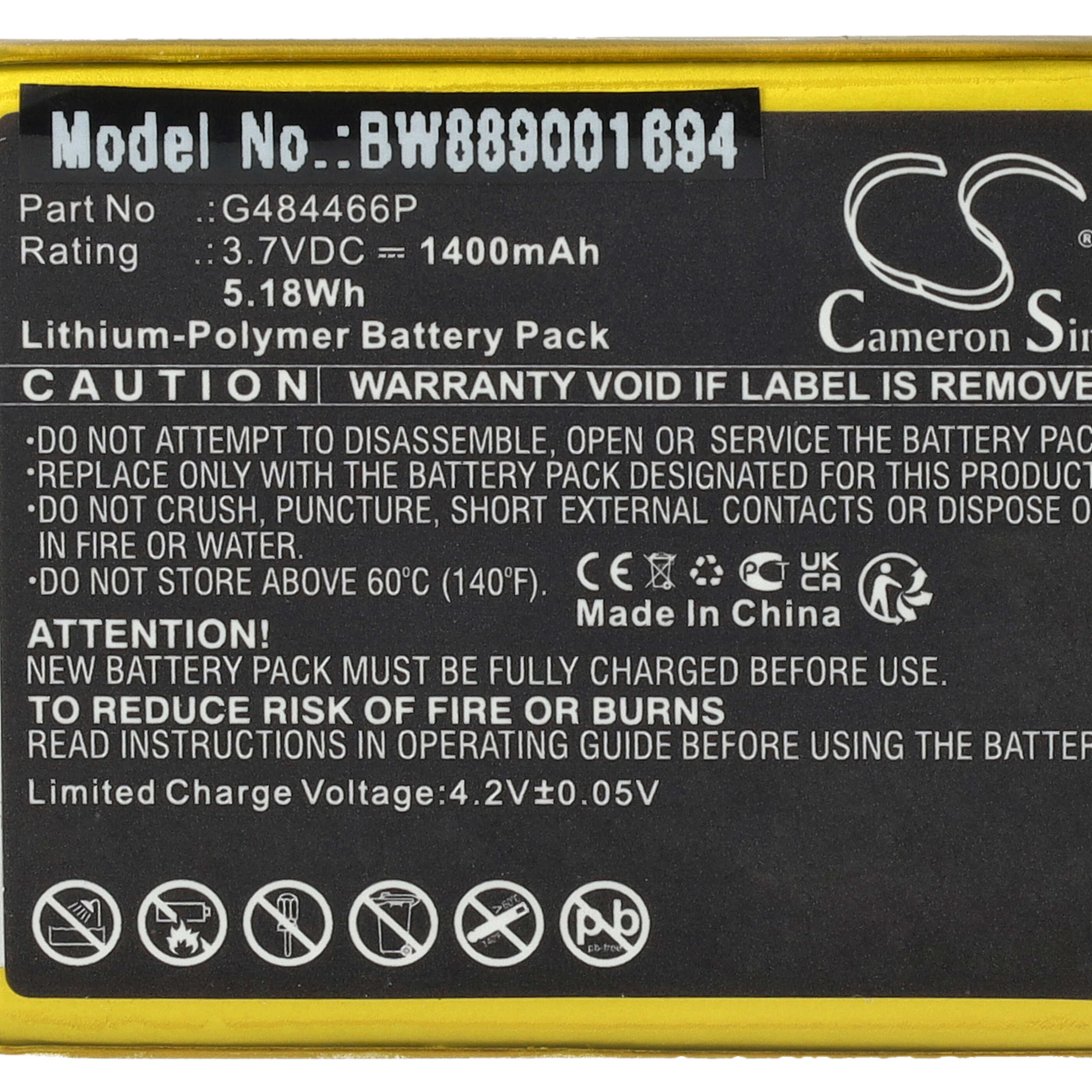 Batterie remplace Polar G484466P pour compteur de vélo GPS Polar - 1400mAh 3,7V Li-polymère