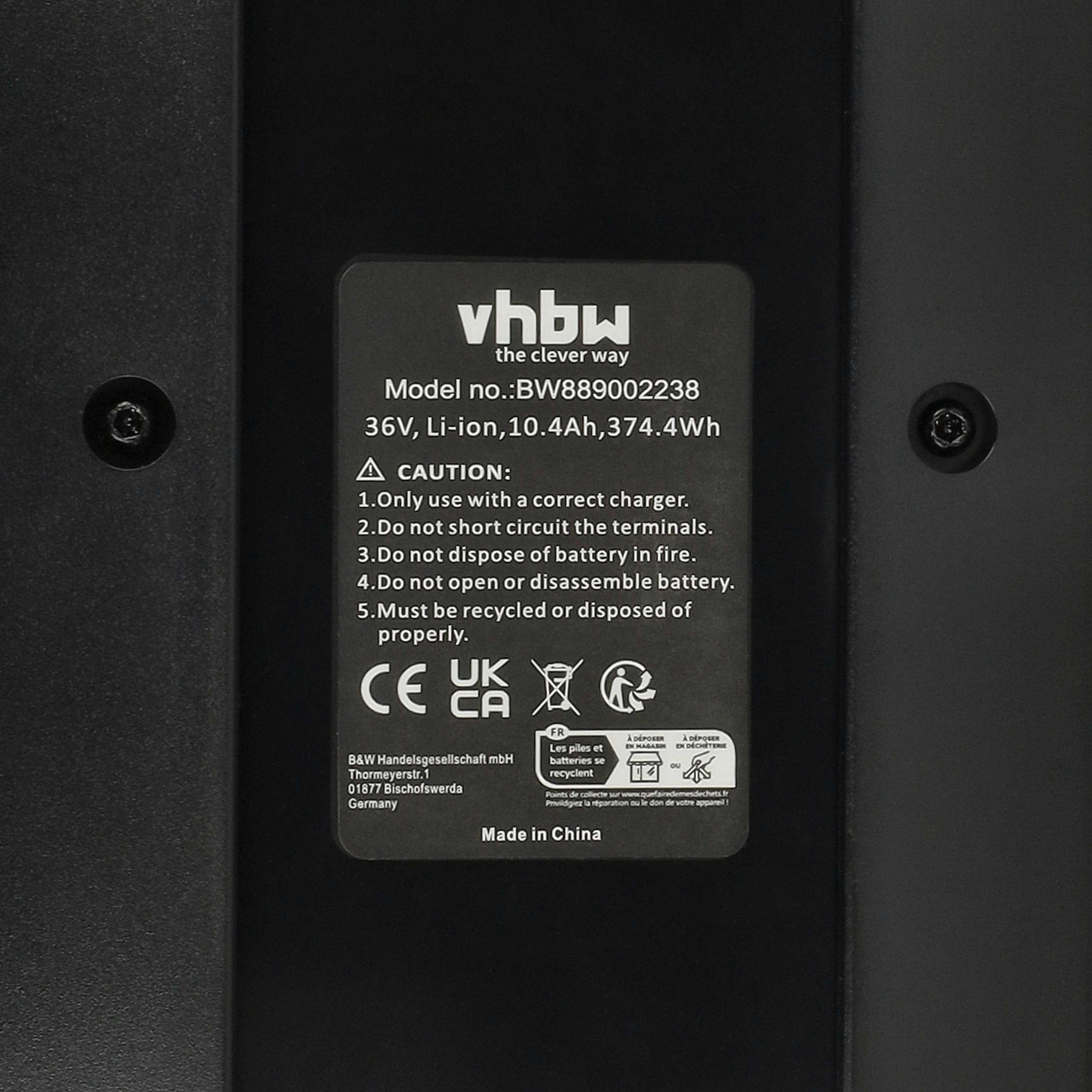 Batería reemplaza Bosch 0 275 007 502 para bicicleta eléctrica Victoria - 10400 mAh 36 V Li-Ion 31cm