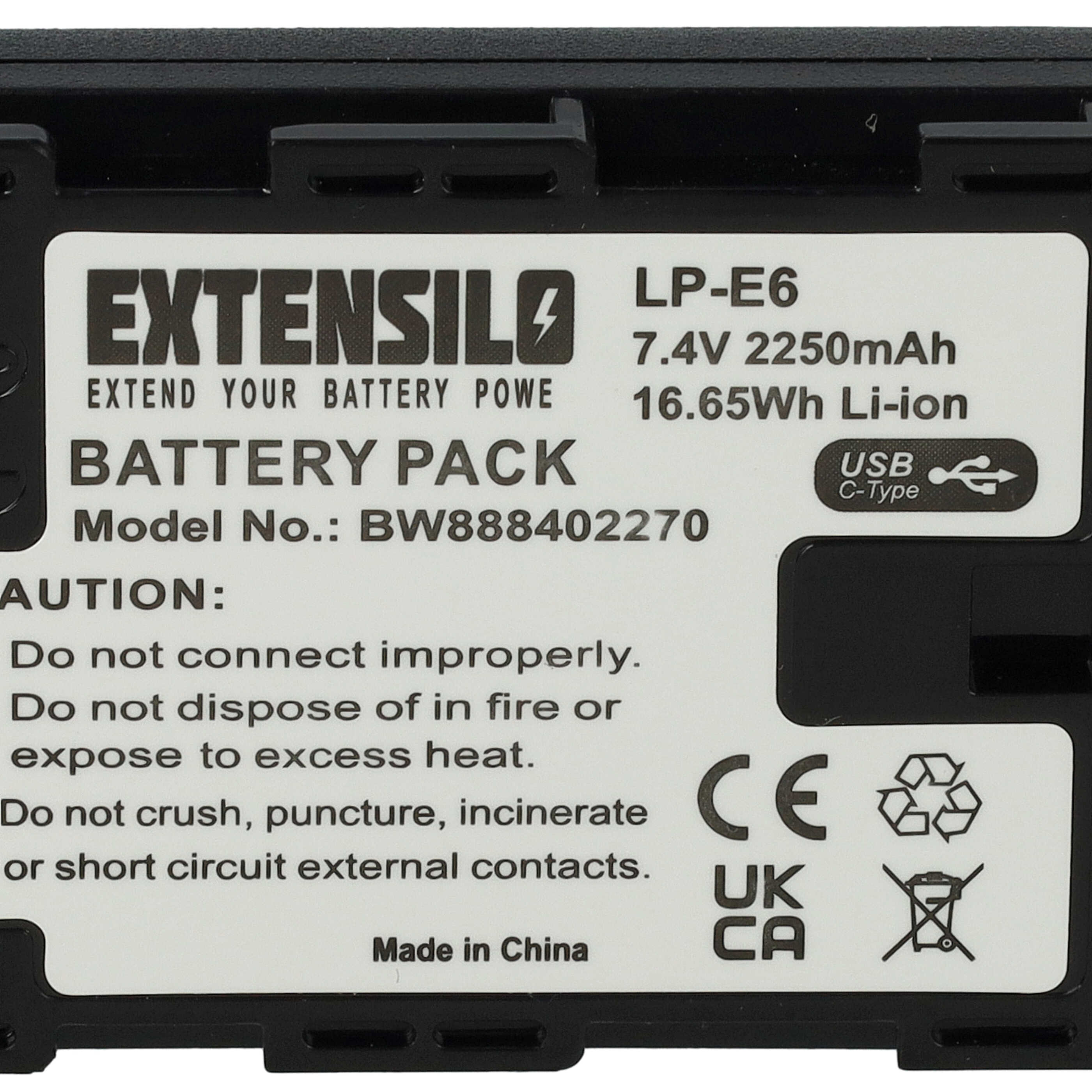 Batería reemplaza Canon LP-E6 para cámara Blackmagic - 2250 mAh 7,4 V Li-Ion, con clavija (h) USB C