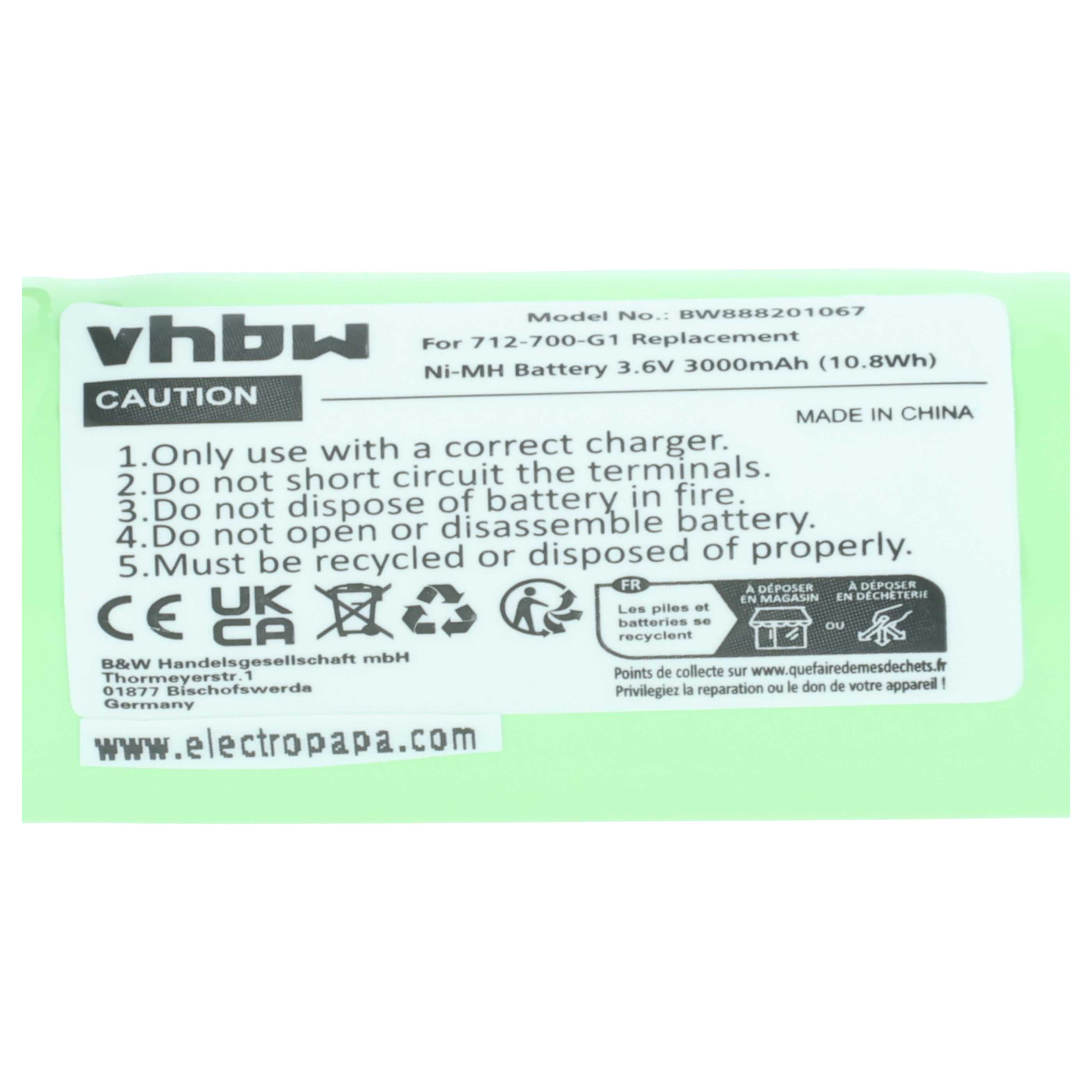 Batería reemplaza INFICON A19267-460015-LSG, 712-700-G1 para dispositivo medición (3000 mAh, 3,6 V, NiMH)