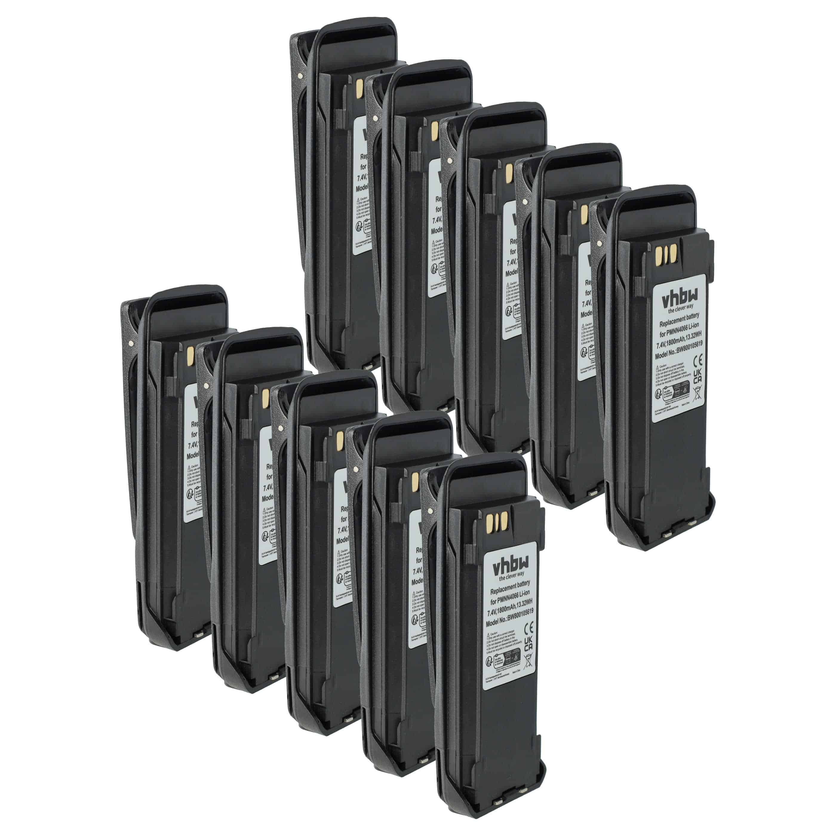 Radio 10x Battery replaces Motorola NNTN4066, PMNN4065, NNTN4077, NNTN4103 - 1800 mAh 7.4 V Li-Ion + Belt Clip