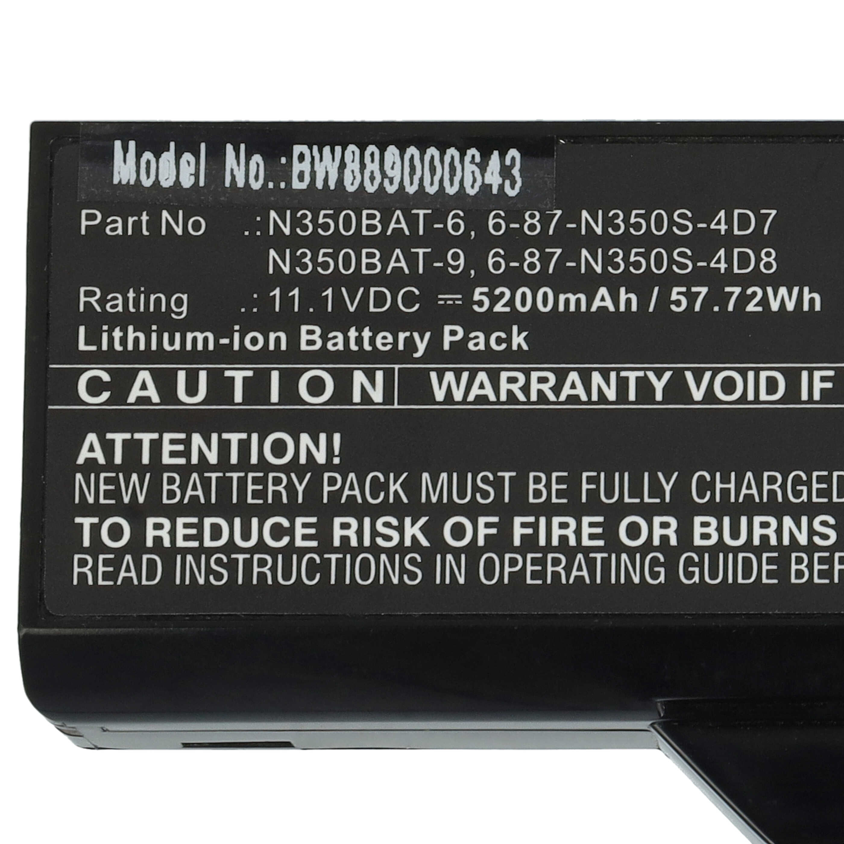 Notebook Battery Replacement for Clevo 6-87-N350S-4D7, 6-87-N350S-4D8, N350BAT-6 - 5200mAh 11.1V Li-Ion