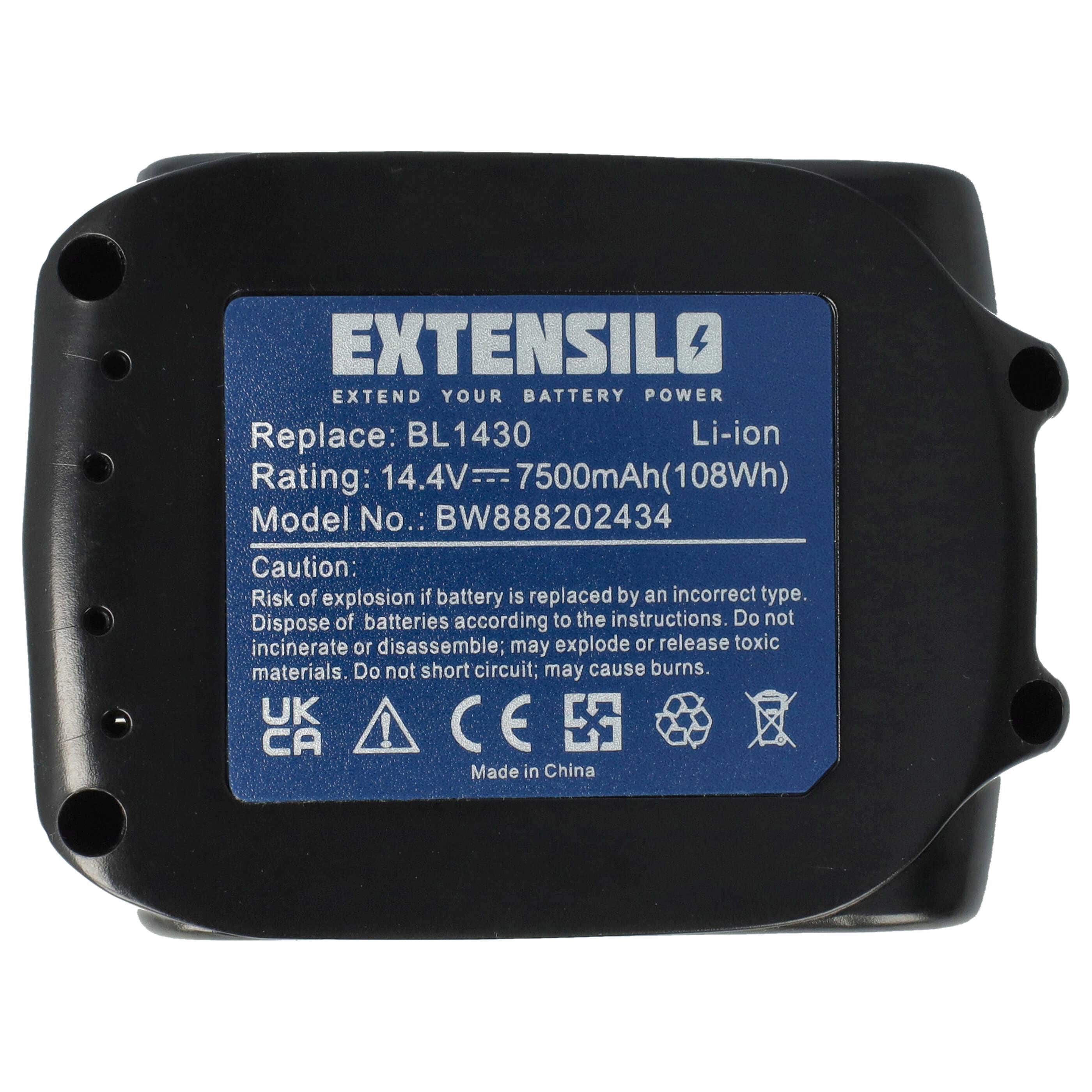 Battery replaces Makita 194065-3, BL1415, BL1430, 194066-1 Electric Power Tool - 7500 mAh, 14.4 V, Li-Ion