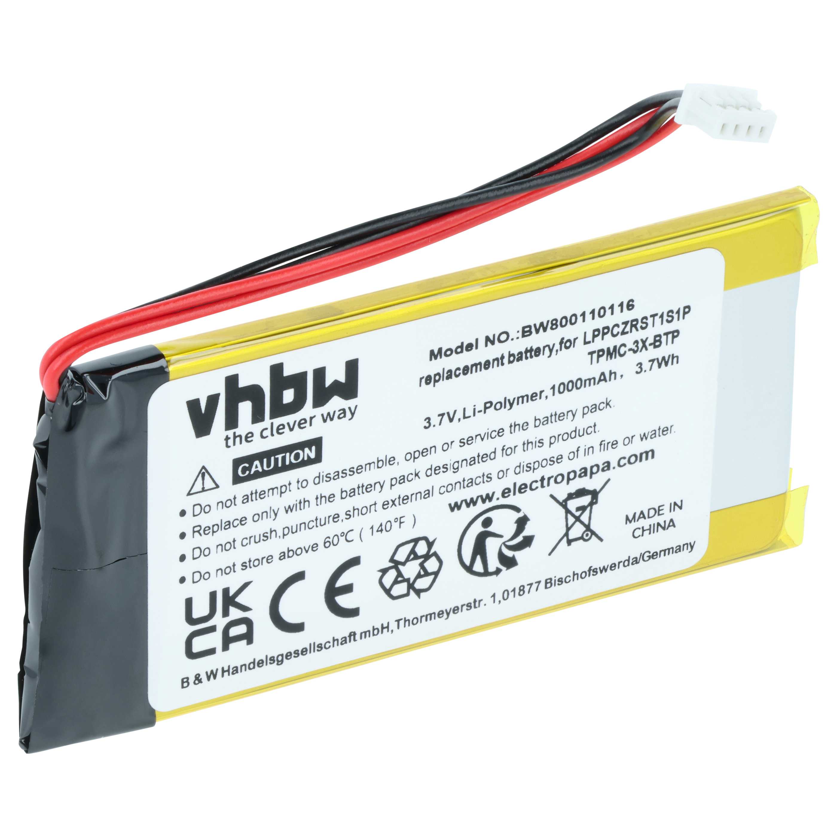 Remote Control Battery replaces Crestron LPPCZRST1S1P, TPMC-3X-BTP - 1000 mAh 3.7 V Li-polymer