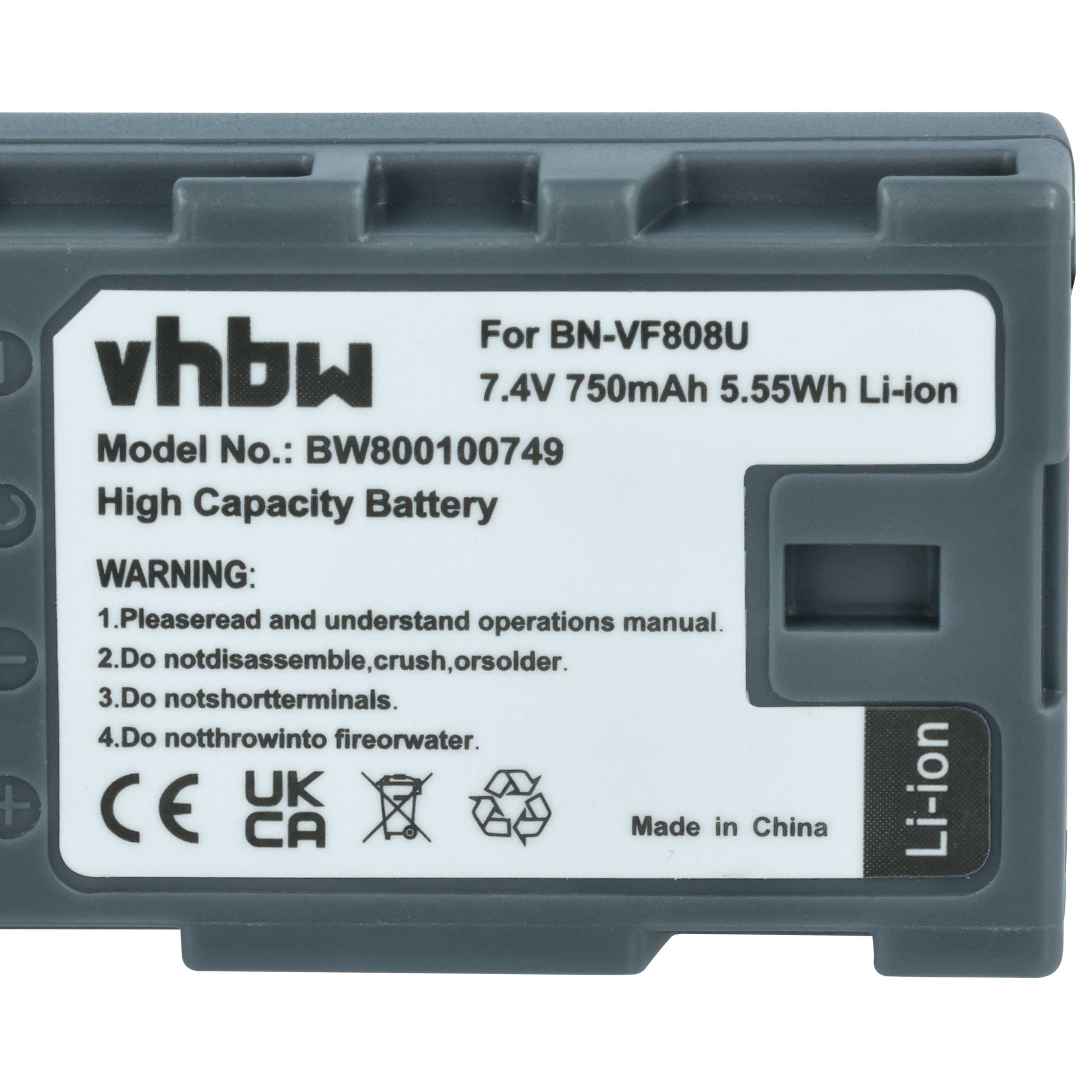 Videocamera Battery replaces JVC BN-VF823, BN-VF808, BN-VF815, BN-VF808U, BN-VF815U - 750 mAh 7.4 V Li-Ion