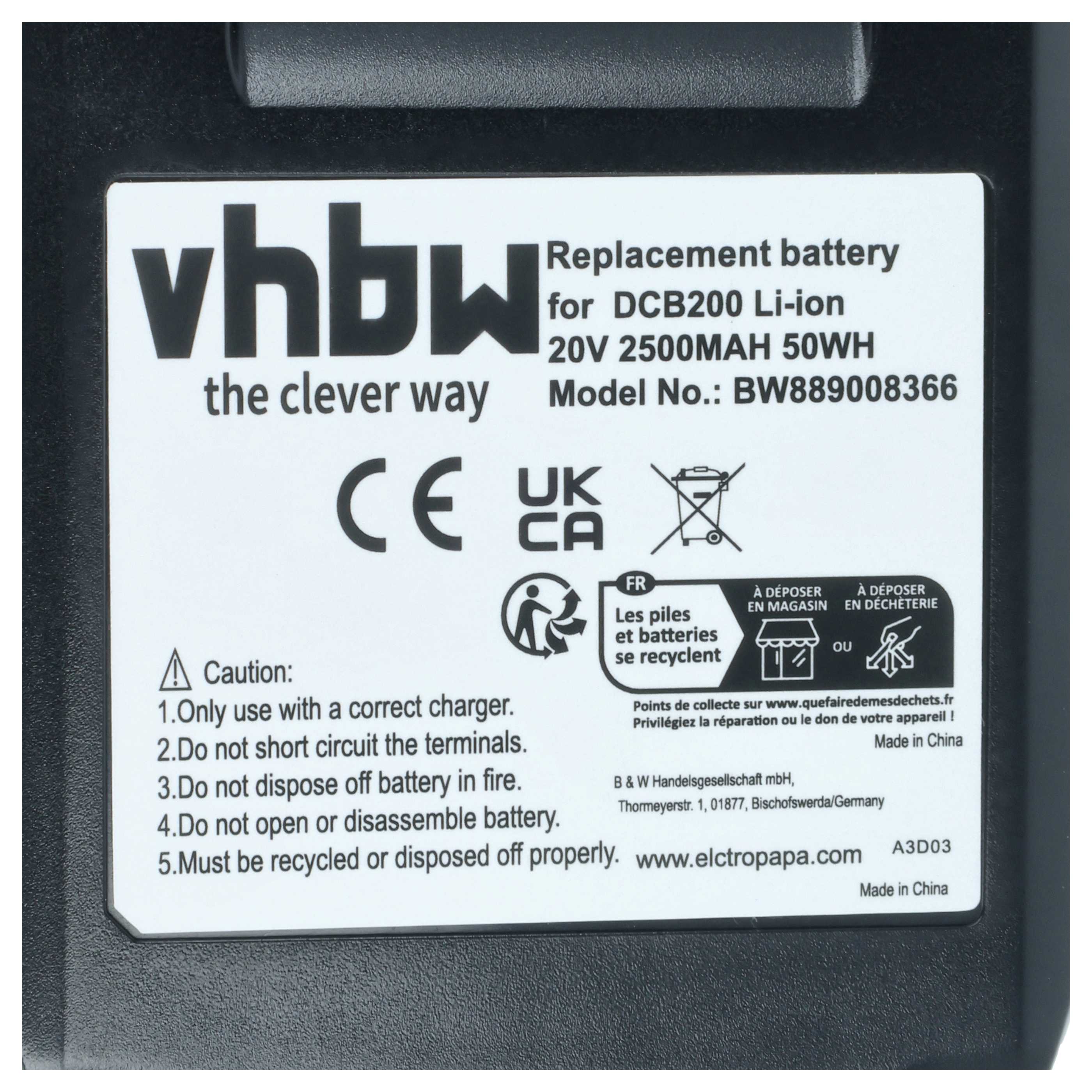 Batterie remplace Dewalt DCB200 outil électrique Dewalt - 2500mAh 20V Li-ion