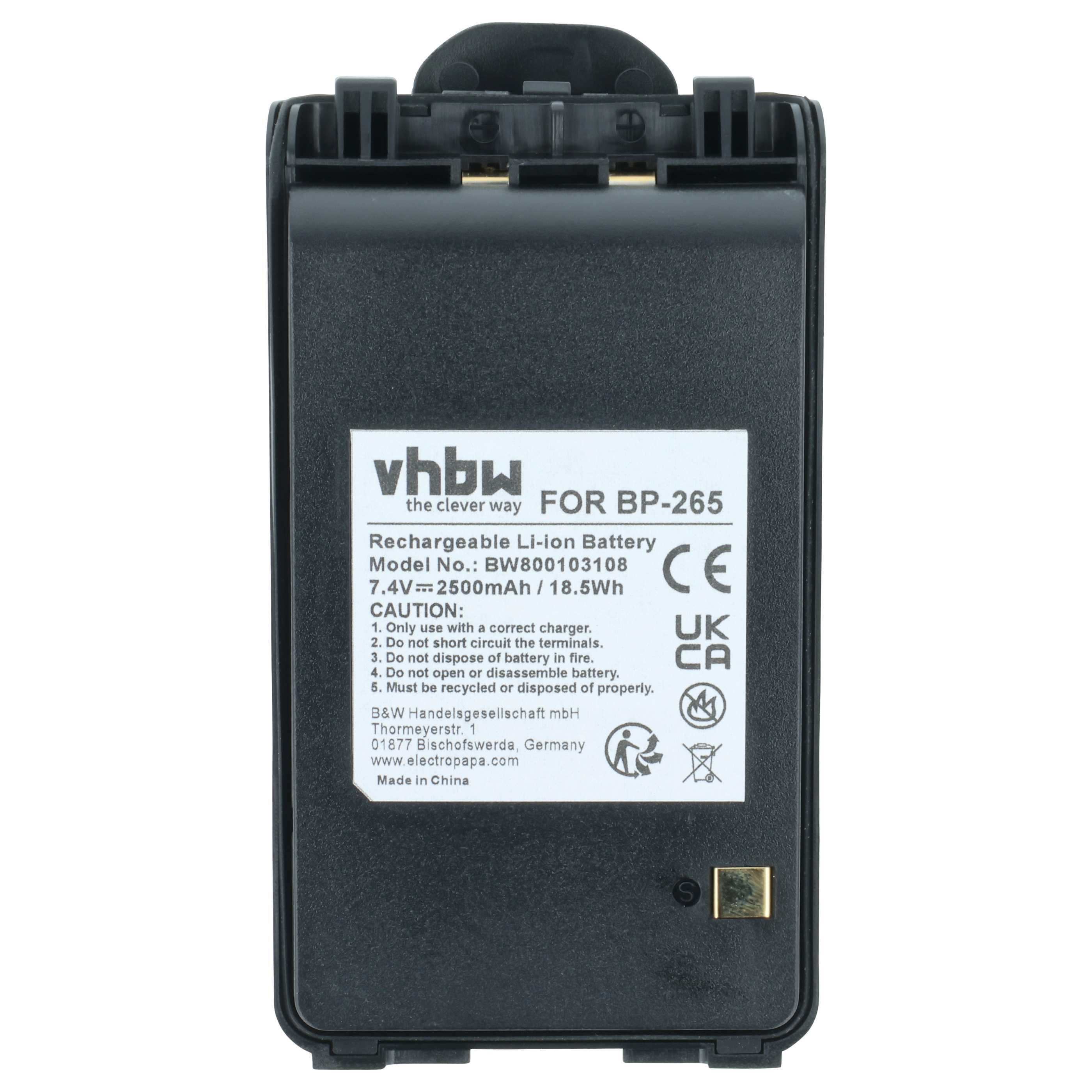 Radio Battery replaces Icom BP-265LI, BP-265 - 2500 mAh 7.4 V Li-Ion + Belt Clip