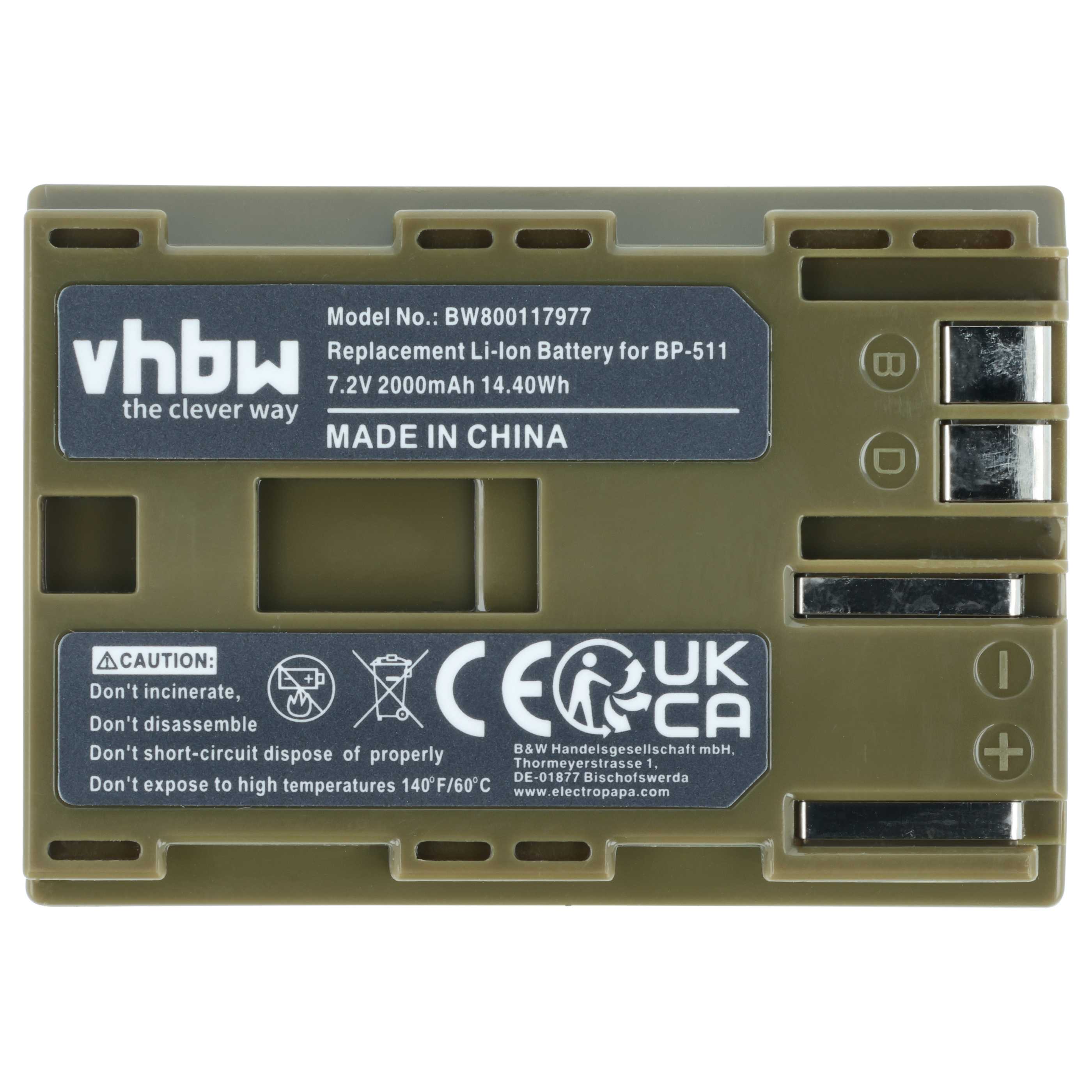 Battery replaces Canon BP-511A, BP-512, BP-514, BP-511, BP-508 - 2000mAh, 7.4V, Li-Ion