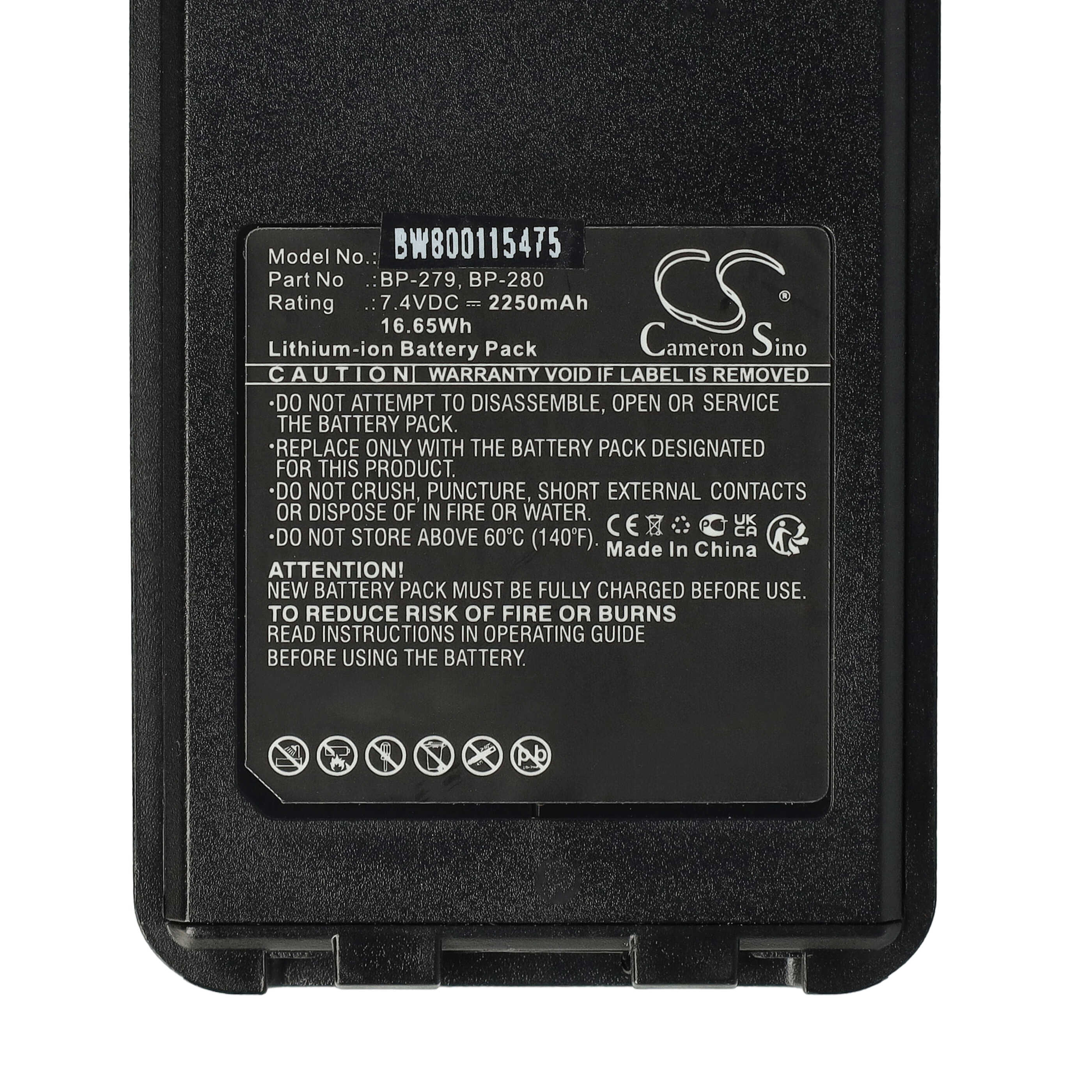 Batería reemplaza Icom BP-280LI para radio, walkie-talkie Icom - 2250 mAh 7,4 V Li-Ion con clip