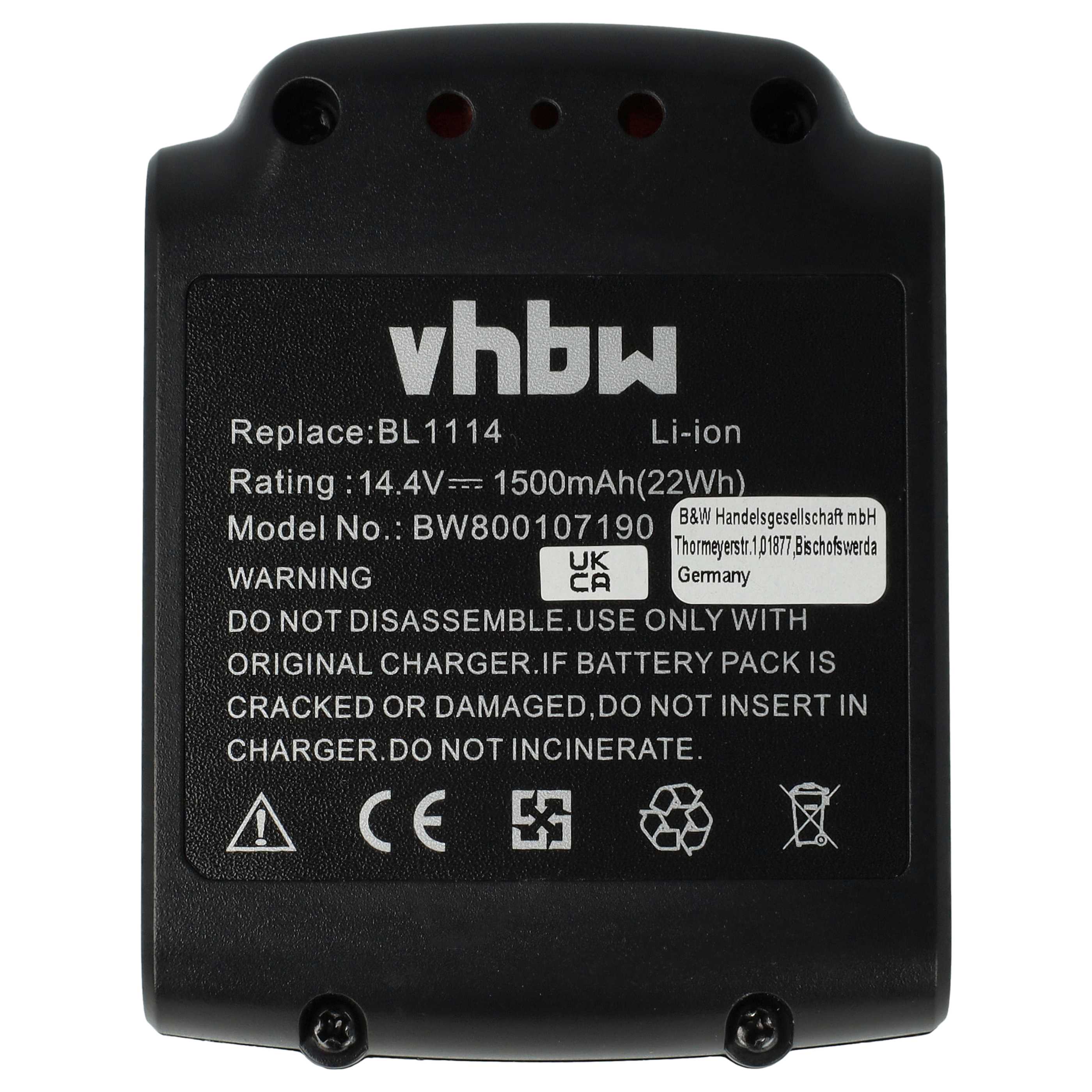 Battery replaces Black & Decker LB16, BL1114, BL1514, BL1314 Electric Power Tool - 1500 mAh, 14.4 V, Li-Ion