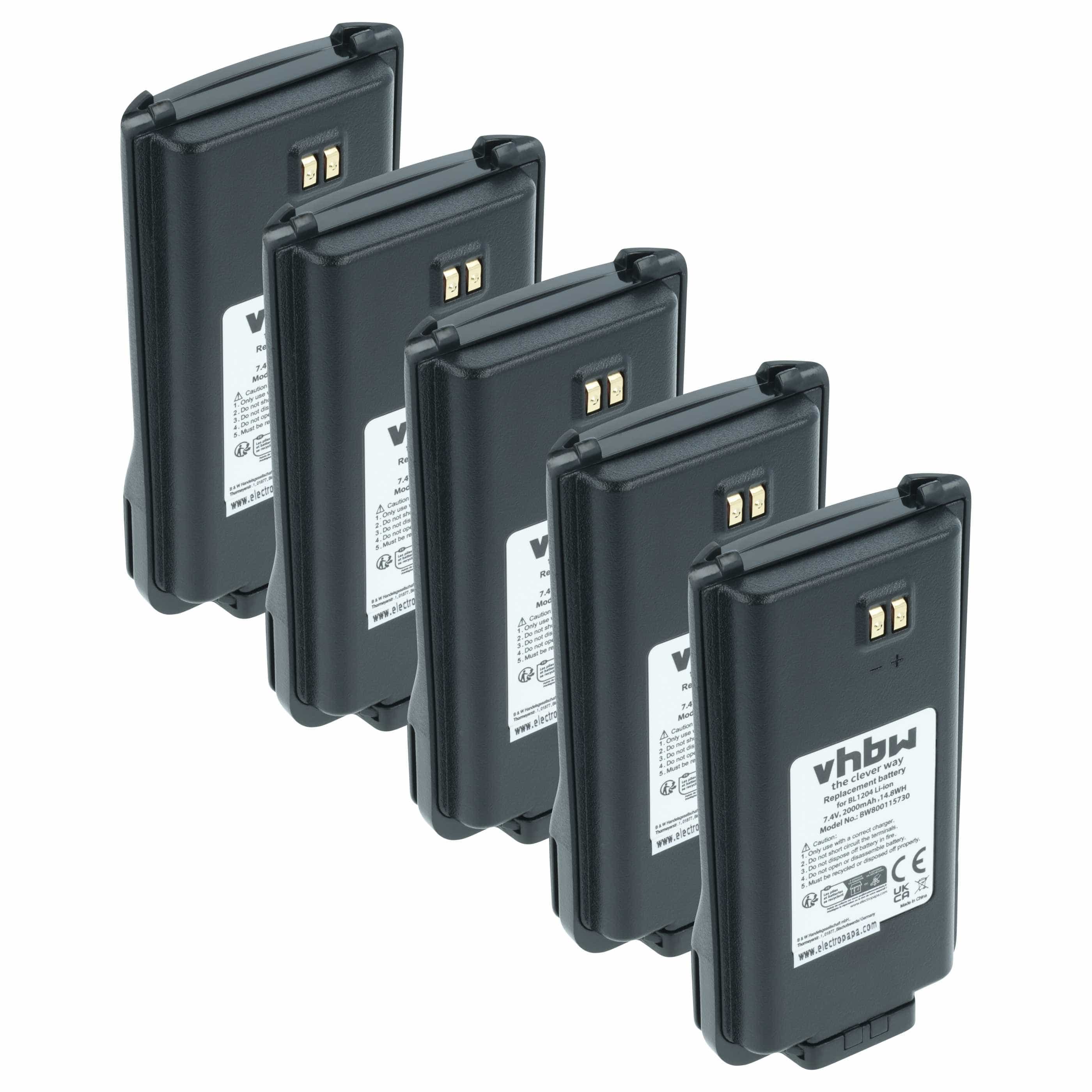 Radio 5x Battery replaces Hyt / Hytera BL2001, BL1204 - 2000 mAh 7.4 V Li-Ion