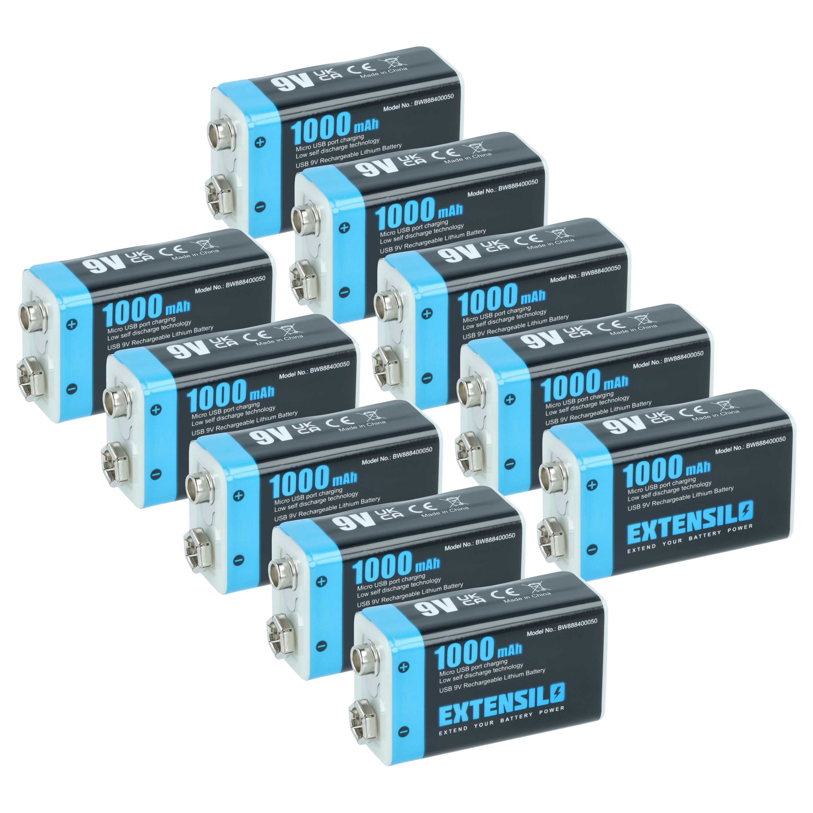 9V Block 10x Battery replaces Daitem BATV13 Alarm Systems & Various Devices - 1 Ah 9 V Li-Ion + Micro USB Port